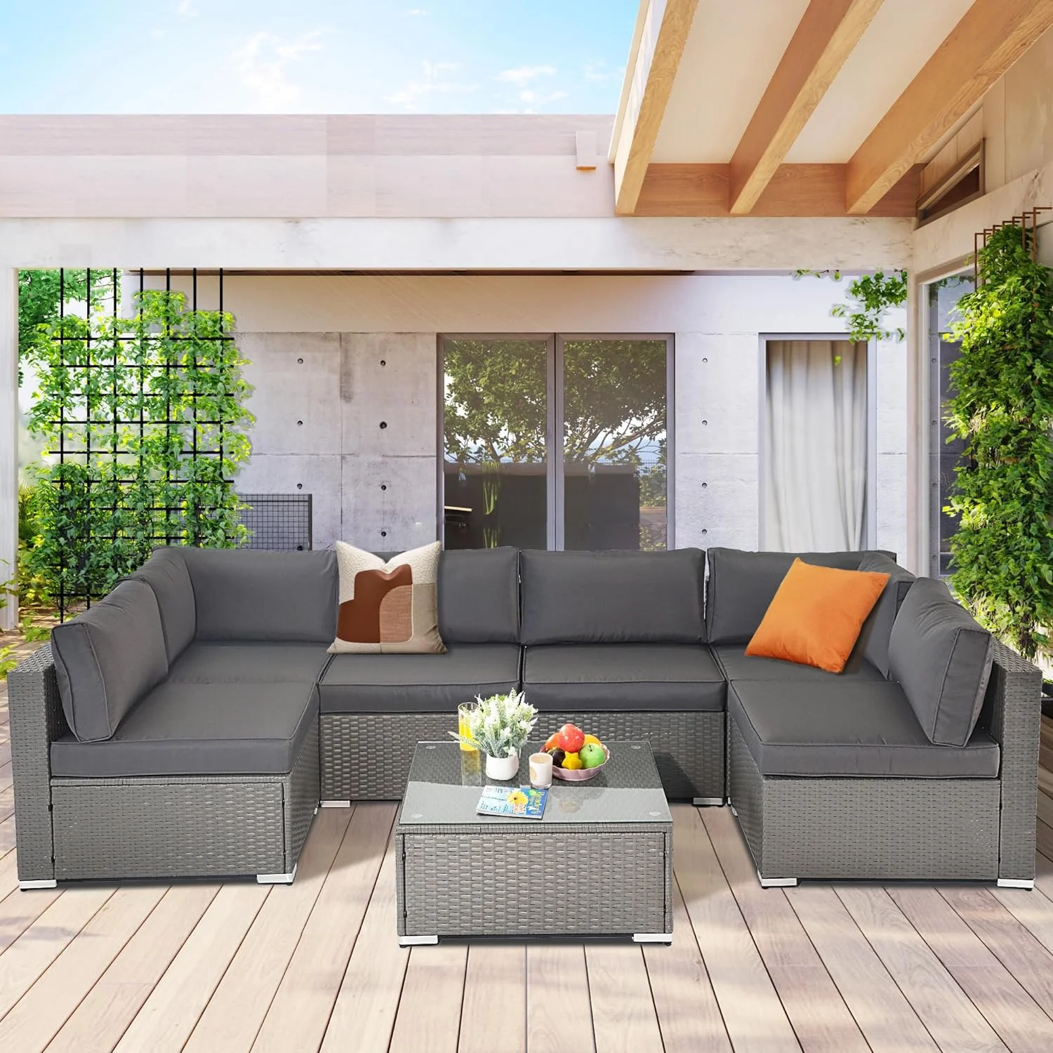 SUNCROWN Outdoor Patio Furniture Set 7 Piece Outdoor Sectional Sofa Grey Wicker Conversation Sofa Set with Coffee Table and Cushions-Grey