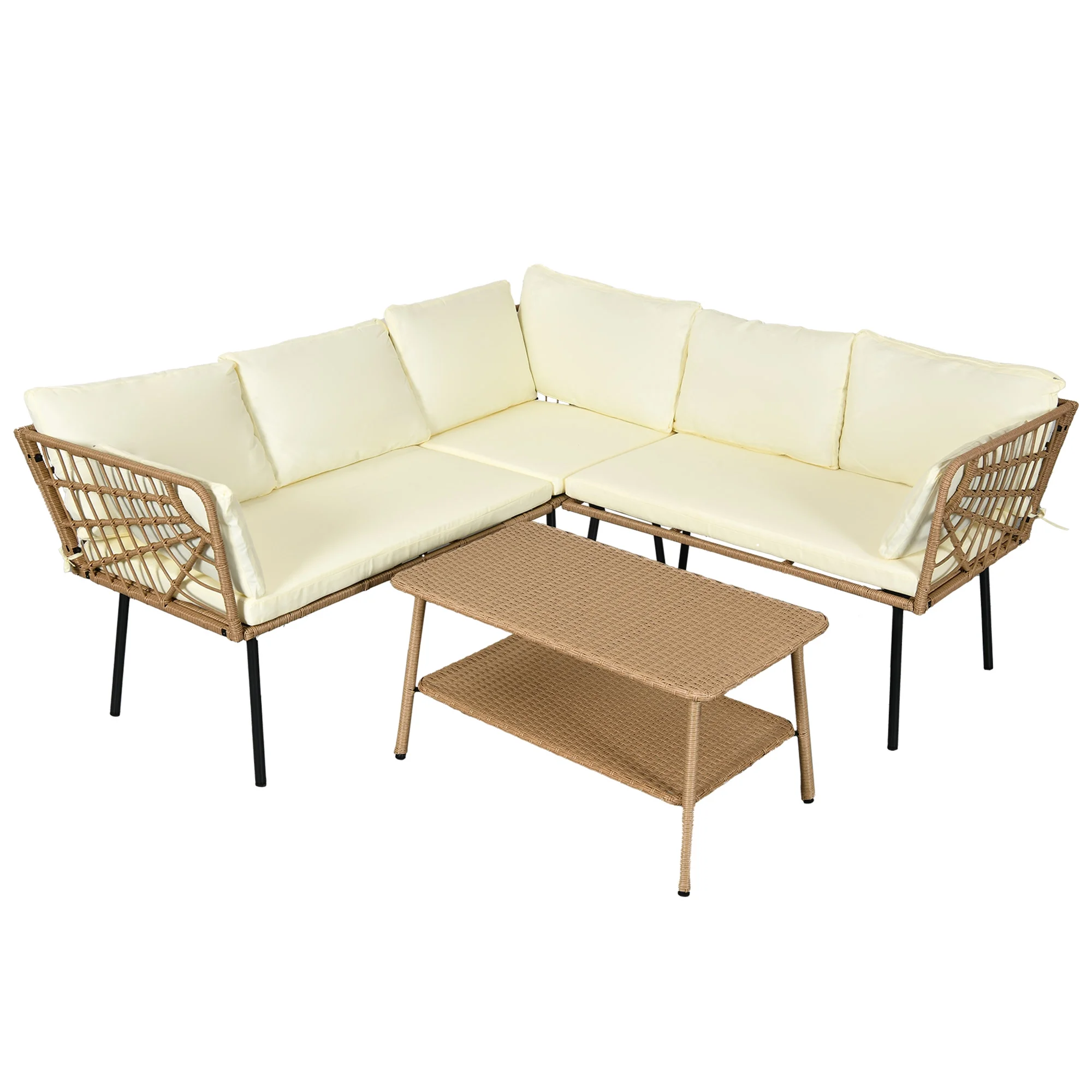 ModFushion Outdoor Indoor 795lb Capacity 4-Piece Bohemian Wicker Sofa Furniture Set, 5 Seats Boho Chic L-Shaped Conversation Sofa with Beige Cushion & 2-tier PE Rattan Side/Center Coffee Table