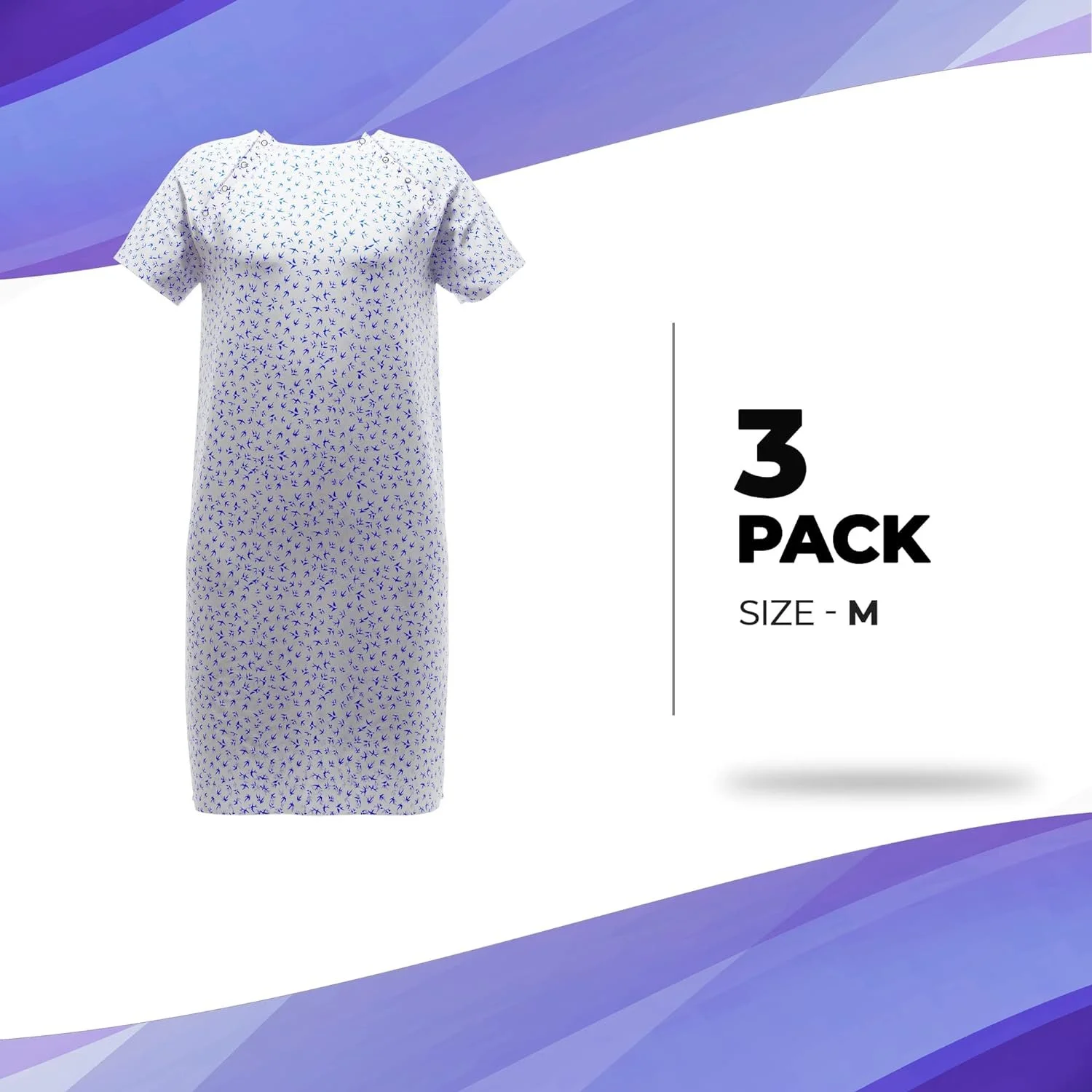 Hospital Gowns for Women, Pack of 3 Medium White Patient Gowns with Bird Print, Short Sleeves, Front and Back Snaps, Soft Cotton Patient Gown, Convenient Labor and Delivery Gowns