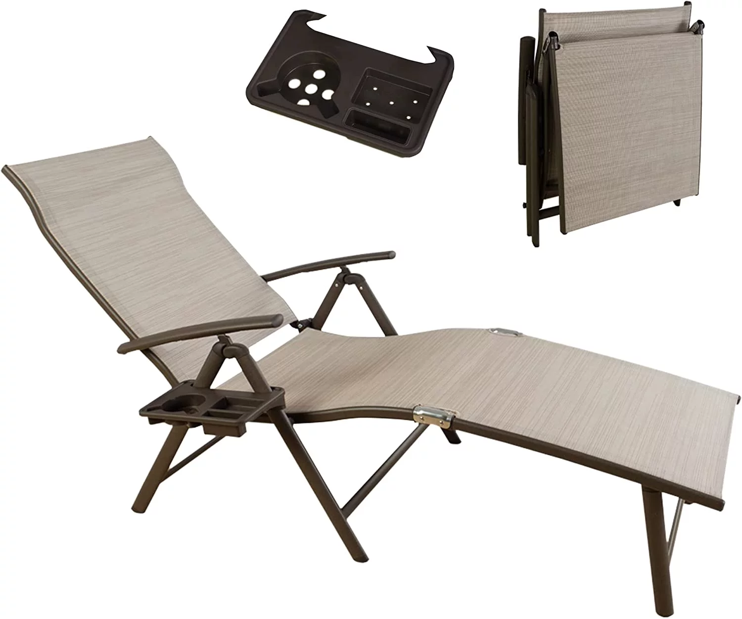 1 Pack Cozy Aluminum Reclining Lounge Chair - Perfect for Beach, Yard, Pool, Deck, and Patio - Outdoor Chaise Lounge with Drink Holder, Weather Free, Adjustable - Assemble-Free (Beige)