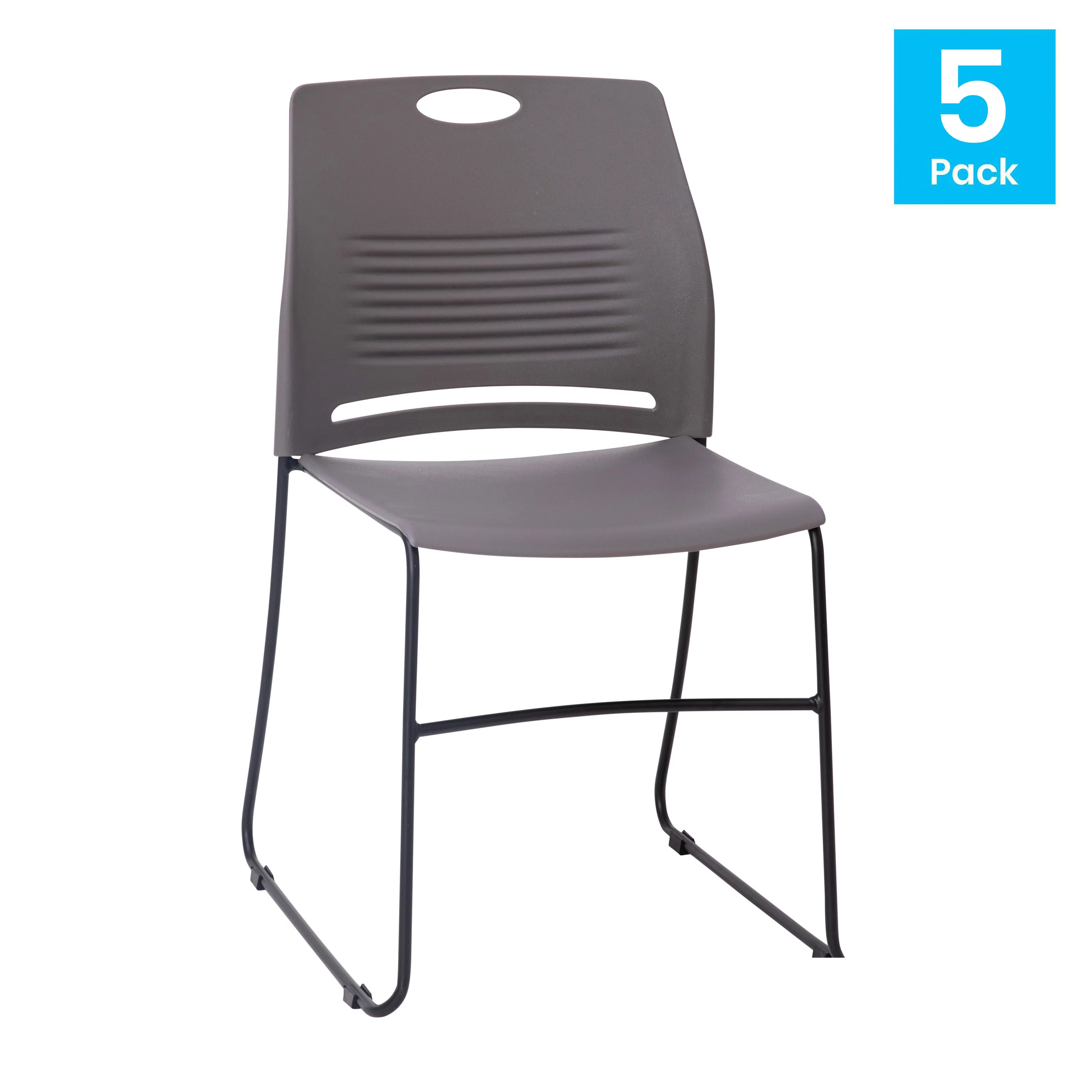 BizChair Set of 5 Commercial 660 lb. Capacity Gray Plastic Stack Chairs with Black Powder Coated Sled Base Frames and Carrying Handle