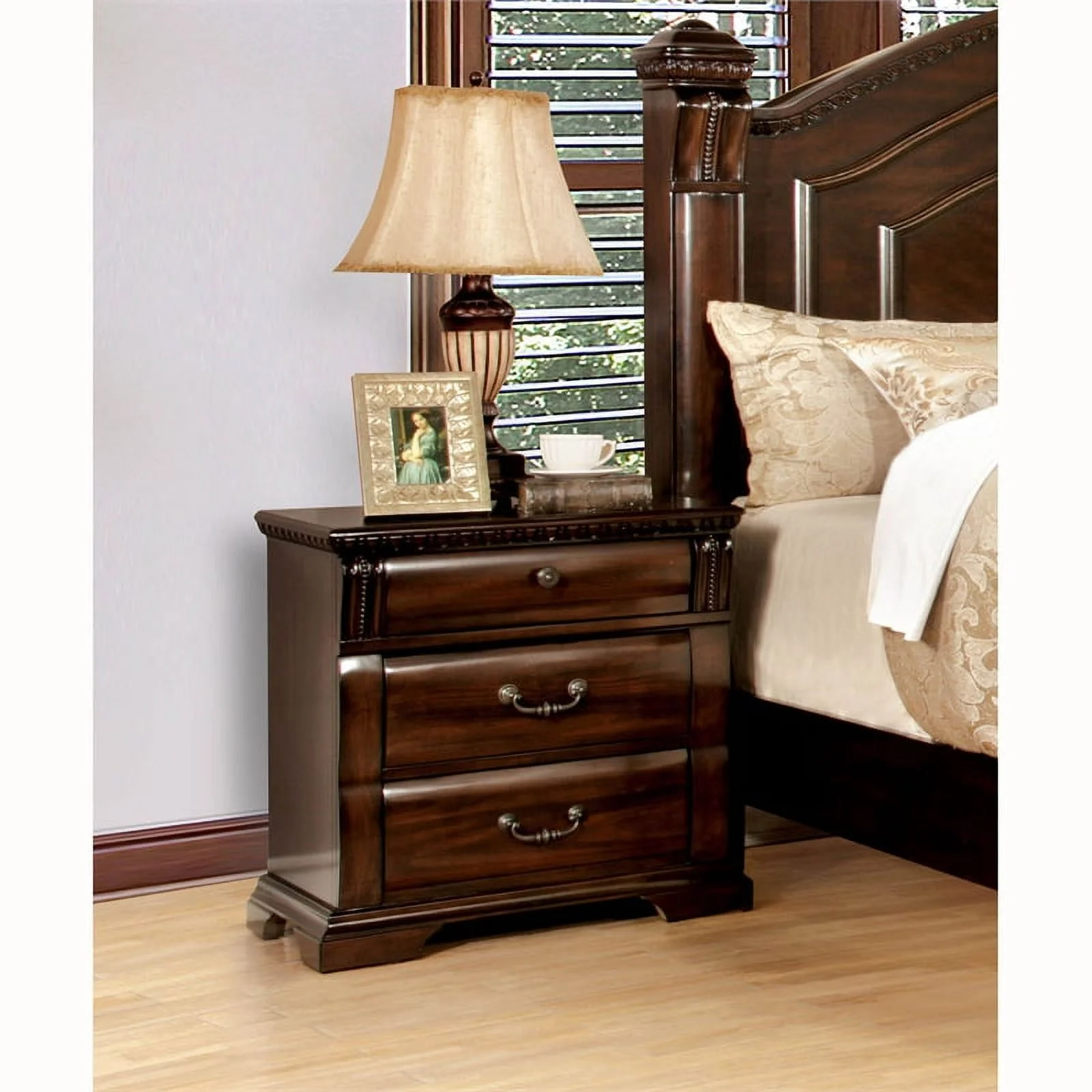 Oulette Transitional Wood 3 Drawer Nightstand in Cherry Set of 2