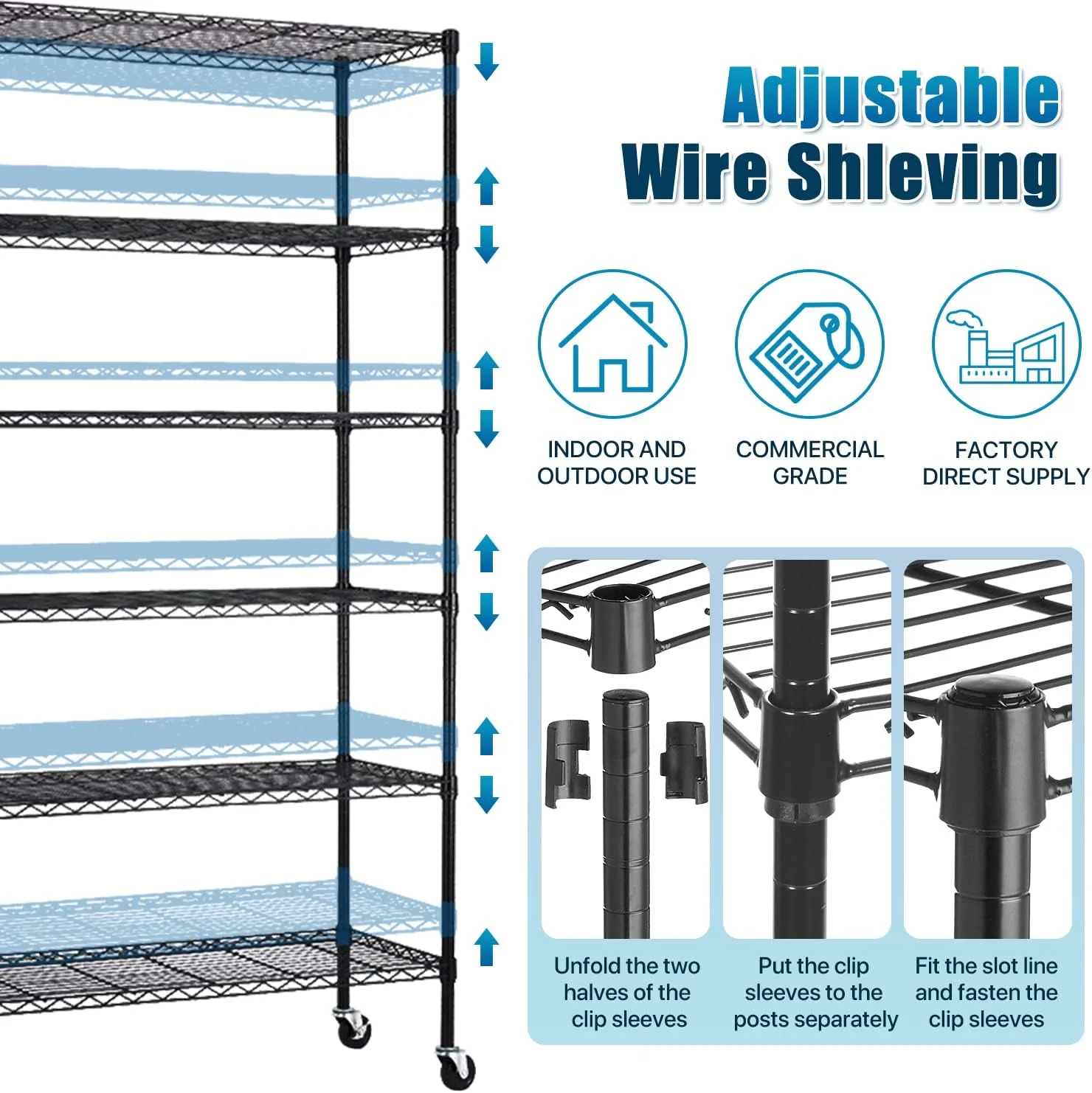 Dkelincs 6 Tier Wire Shelving Unit with Wheels Adjustable Metal Storage Shelves 6000 lbs NSF Garage Rack, Black