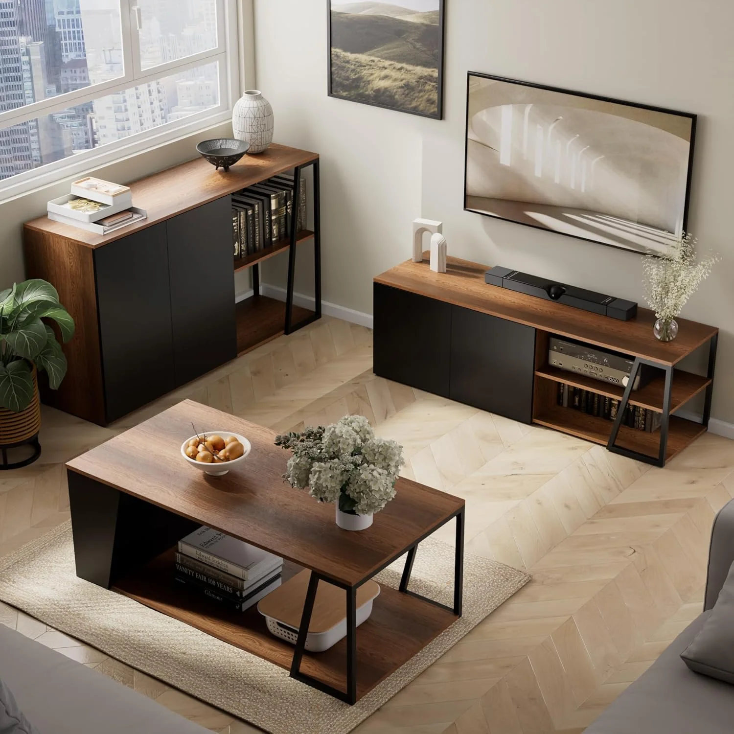 CHTYVC 2-Tier Coffee Table  Rustic Wood Center Table with Oblique Insert   Rectangular Coffee Table with Metal Frame & Open  Design  Living Room/Home/Office  Walnut