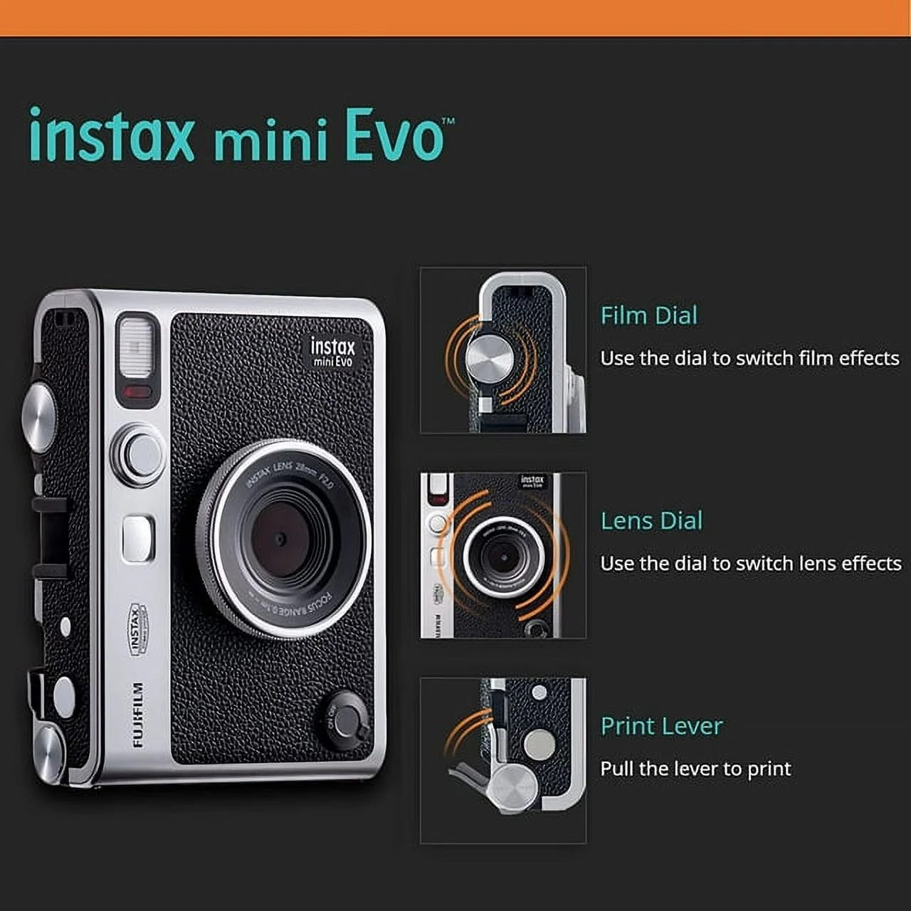 Fujifilm Instax Mini EVO Hybrid Black Instant Camera - DealExpo Bundle | Instax Mini Twin Pack Instant Film | 16GB microSD Card with Adapter | Black Camera Case