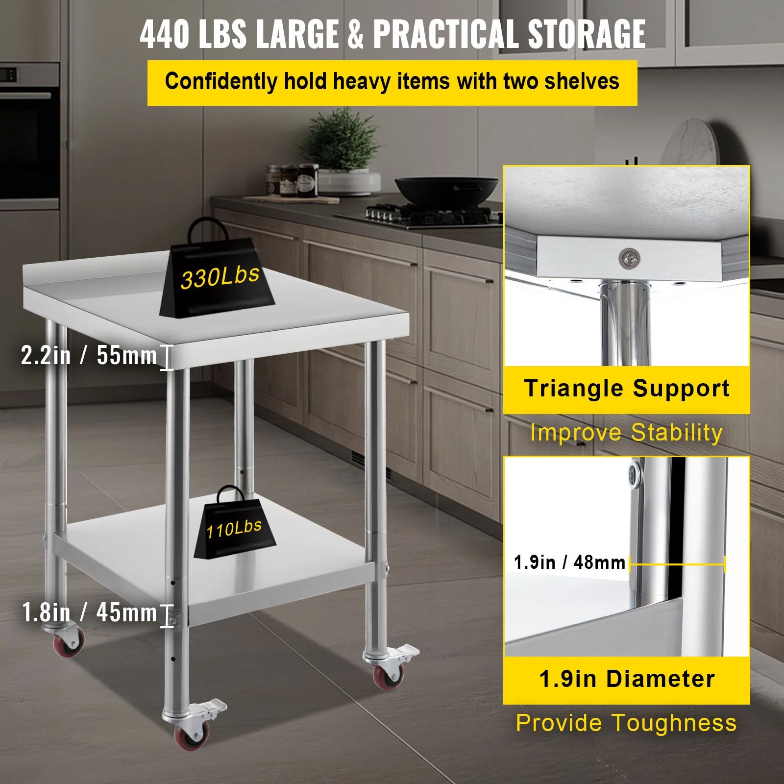 SKYSHALO Stainless Steel Prep Table, 24 x 24 x 35 inch, 440lbs Load Capacity Heavy Duty Metal Worktable with Backsplash Adjustable Undershelf & 4 Casters, Commercial Workstation for Kitchen Restaurant