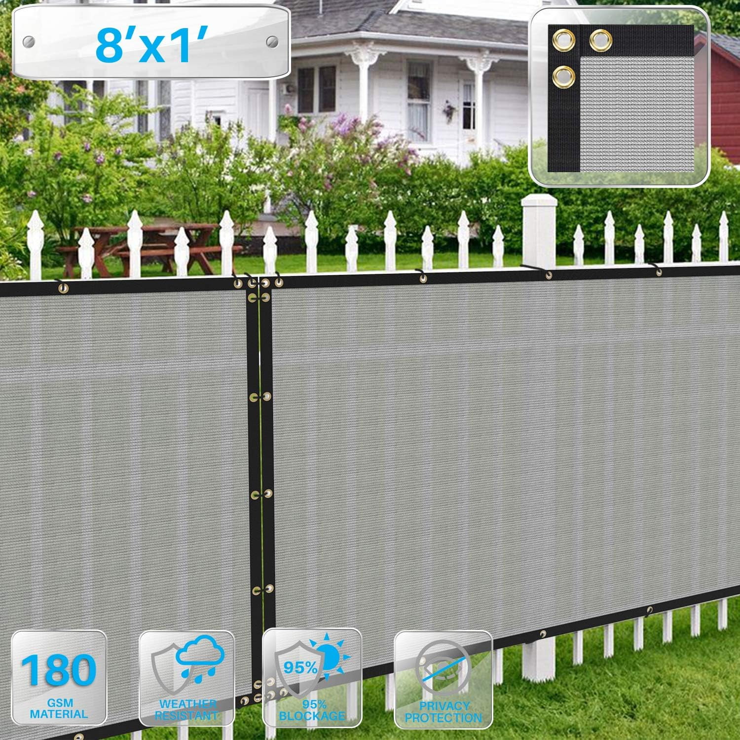 By Paradise Light Grey 8'X1' Privacy Screen Fence 180 GSM Heavy Duty Fencing Mesh Shade Net ver For Wall Garden Yard Backyard Grade Privacy Fencing 90% Privacy Blockage
