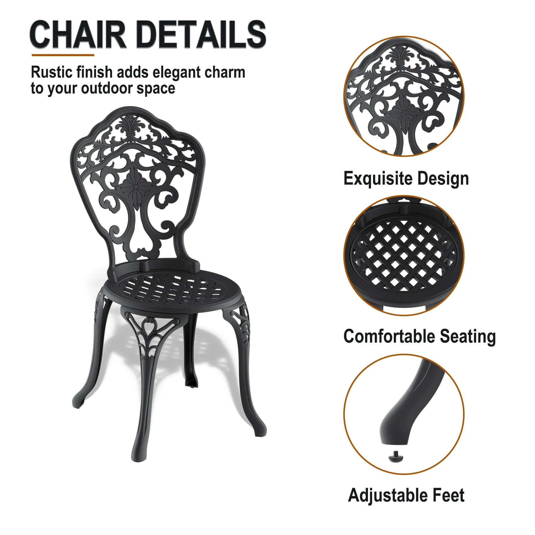 3-Piece Cast Aluminum Patio Bistro Furniture Set, Patio Bistro Set with Umbrella Hole