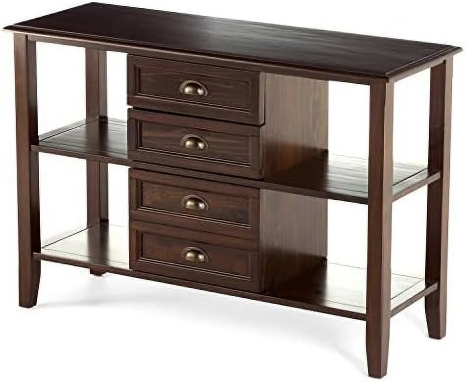 SQRTYBV Burlington SOLID WOOD 44 inch Wide Transitional Console Sofa Entryway Table in Mahogany Brown with   3 Drawers and 4 Shelves  for the Living Room  Entryway and Bedroom