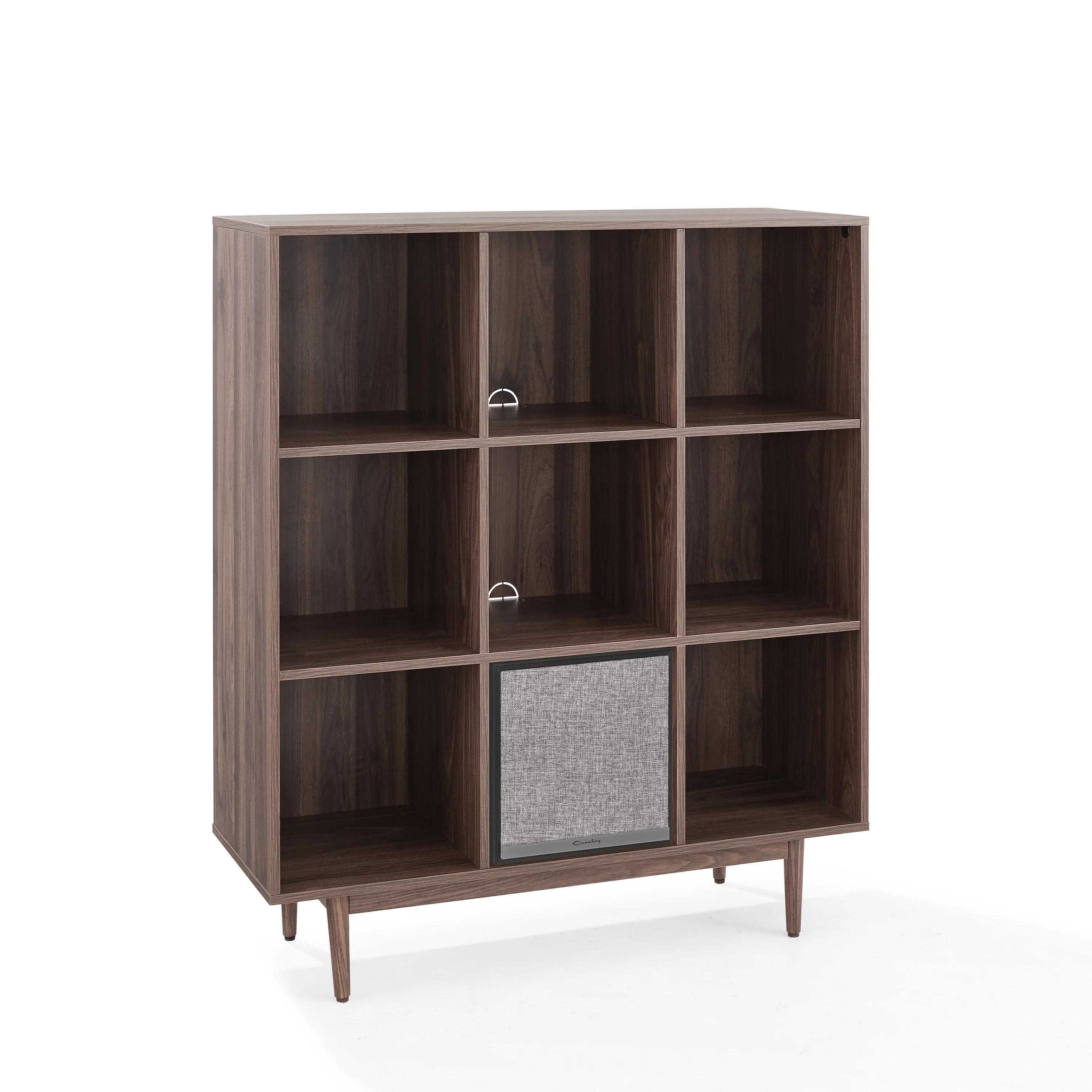 Crosley Furniture Liam 9 Cube Record Storage Bookcase With Speaker in Walnut/Black