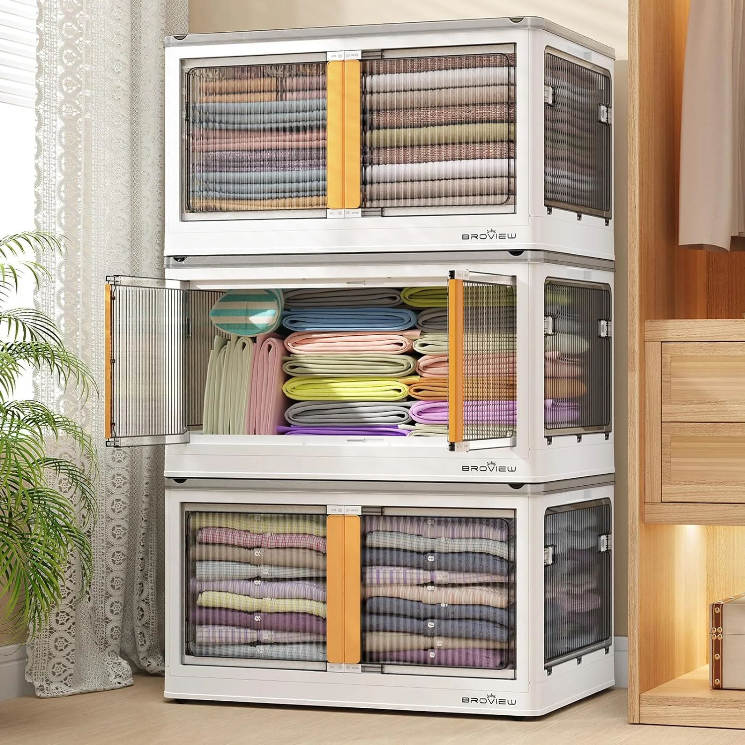 HYHBIBOOM Closet Organizers and   100 Qt Collapsible  Bins with Lids and Wheels  Plastic Stackable  Containers with Doors  Folding  Cabinets for Home Dorm   3 Pack