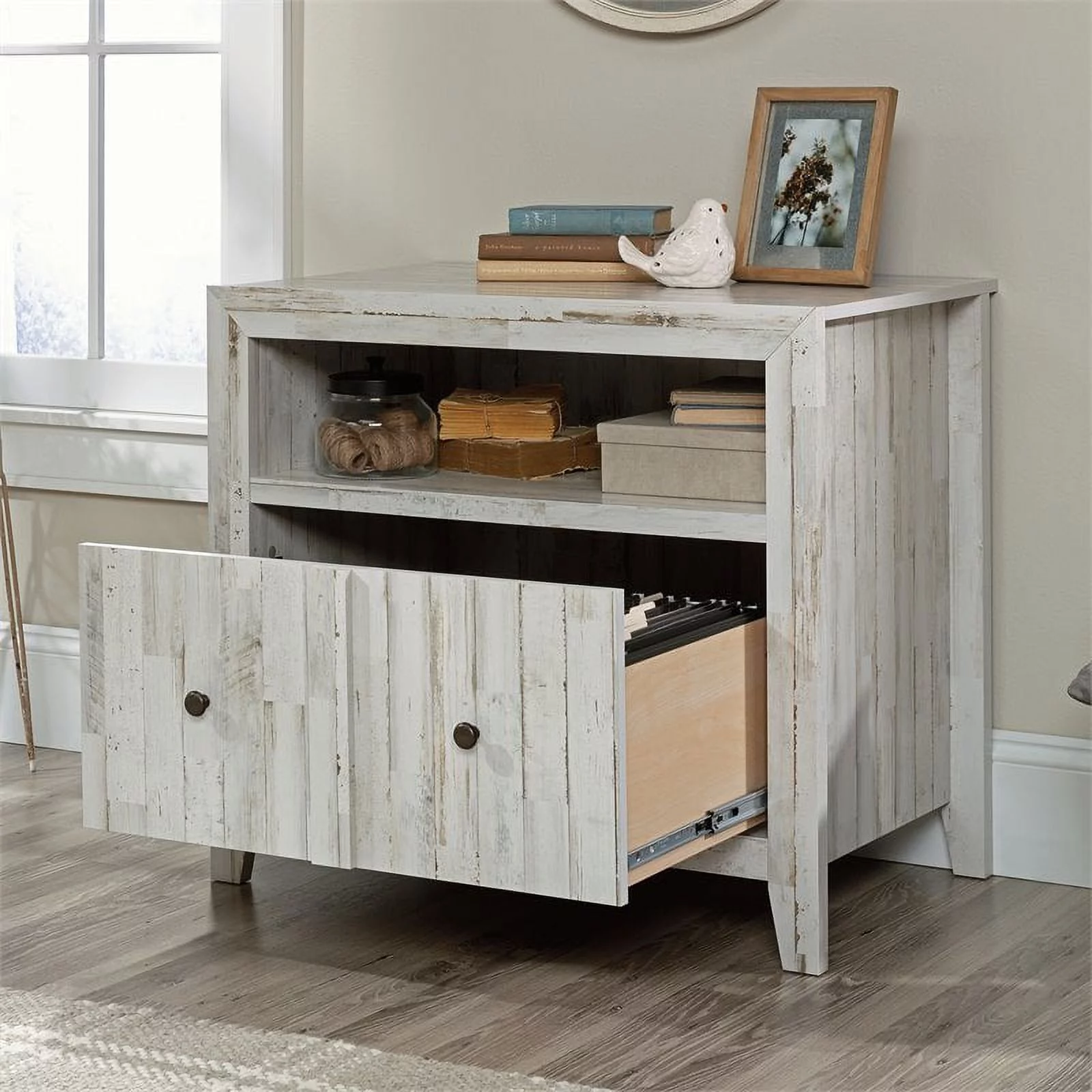 Sauder Dakota Pass 1-Drawer Lateral File with Open Shelf, White Plank Finish