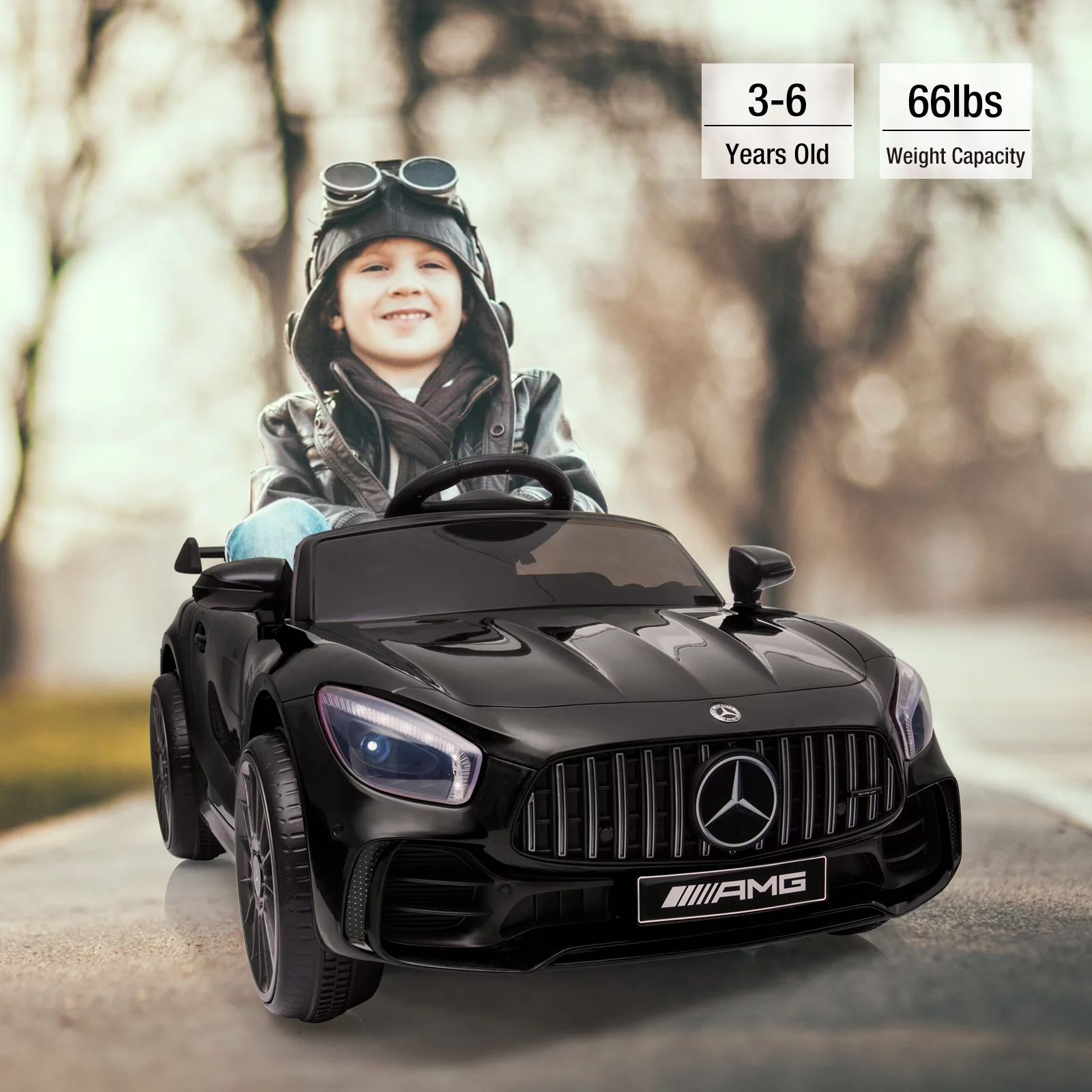 JOINATRE 12V Kids Ride on Car, Licensed Mercedes Benz AMG GTR Electric Cars, Battery Powered Ride on Toys with Remote Control, 3 Speeds, Music, LED Lights and Safety Belt, Black