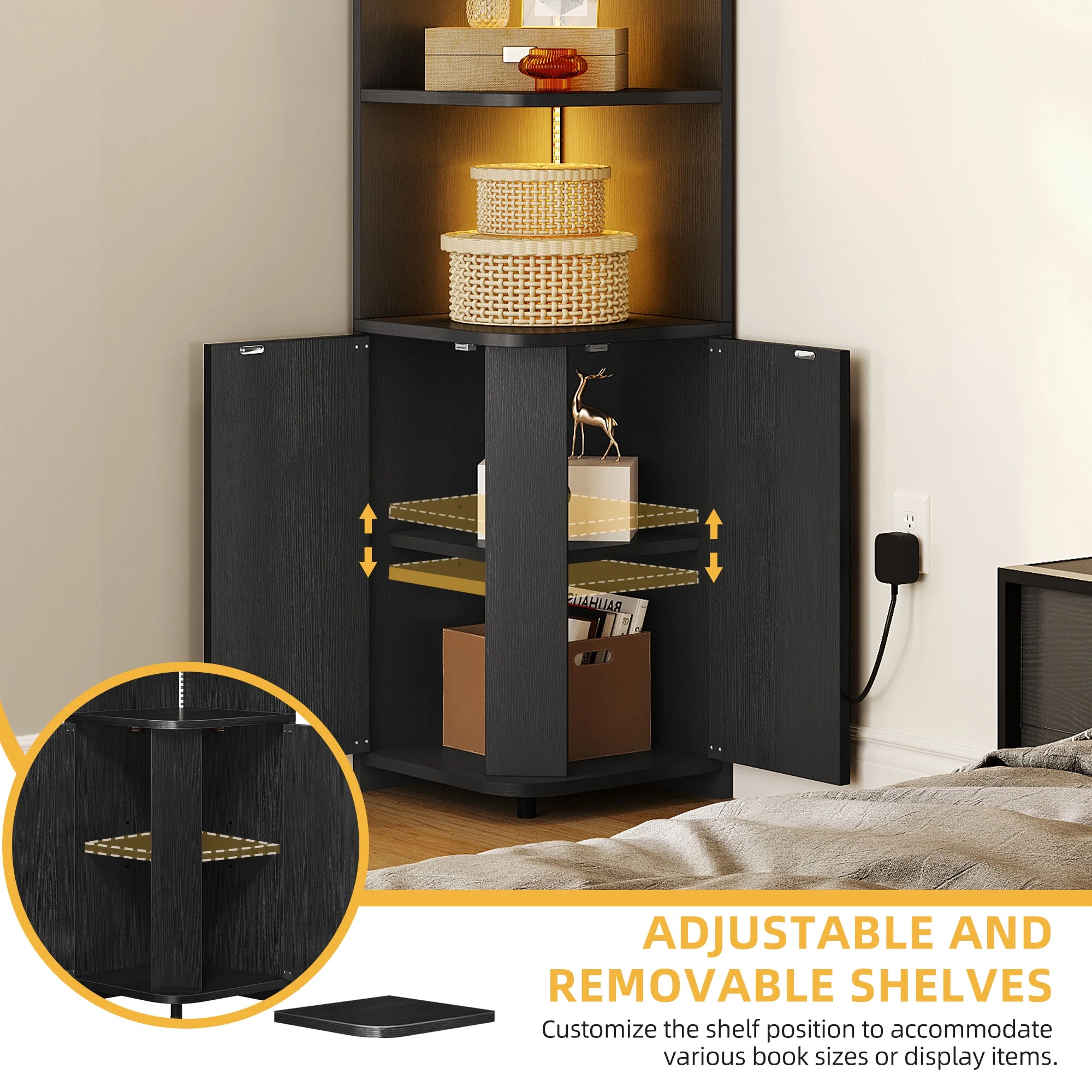 DWVO 71.1“ Corner Cabinet with LED Lights, Tall Corner Storage Cabinet with Door & Shelves, Wooden Display Corner Shelf, Corner Bookshelf and Bookcase, for Kitchen, Living Room or Bedroo, Black (1 PC)