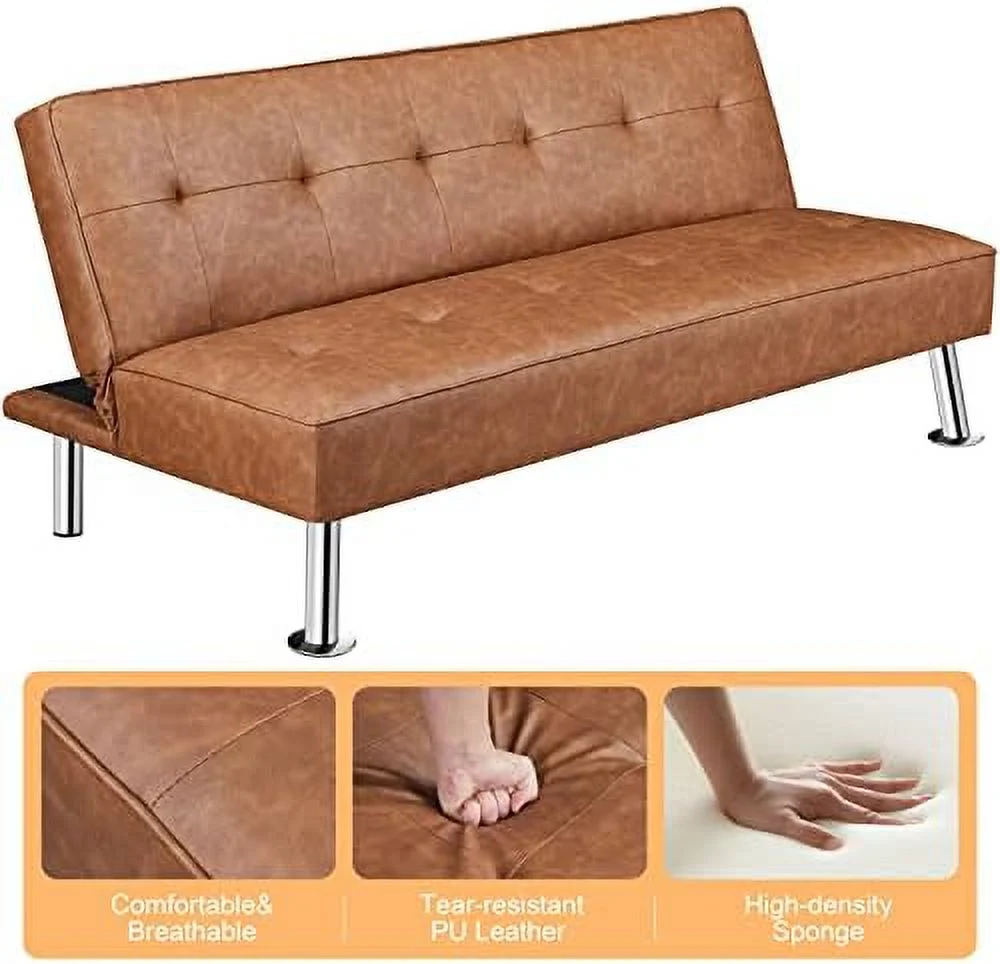 RSJIWOGZ Convertible Sofa Couch Futon Bed Faux Leather Sofa Bed Sleeper Adjustable Loveseat Futon Couch Living Room  with Chrome Metal Legs  Brown