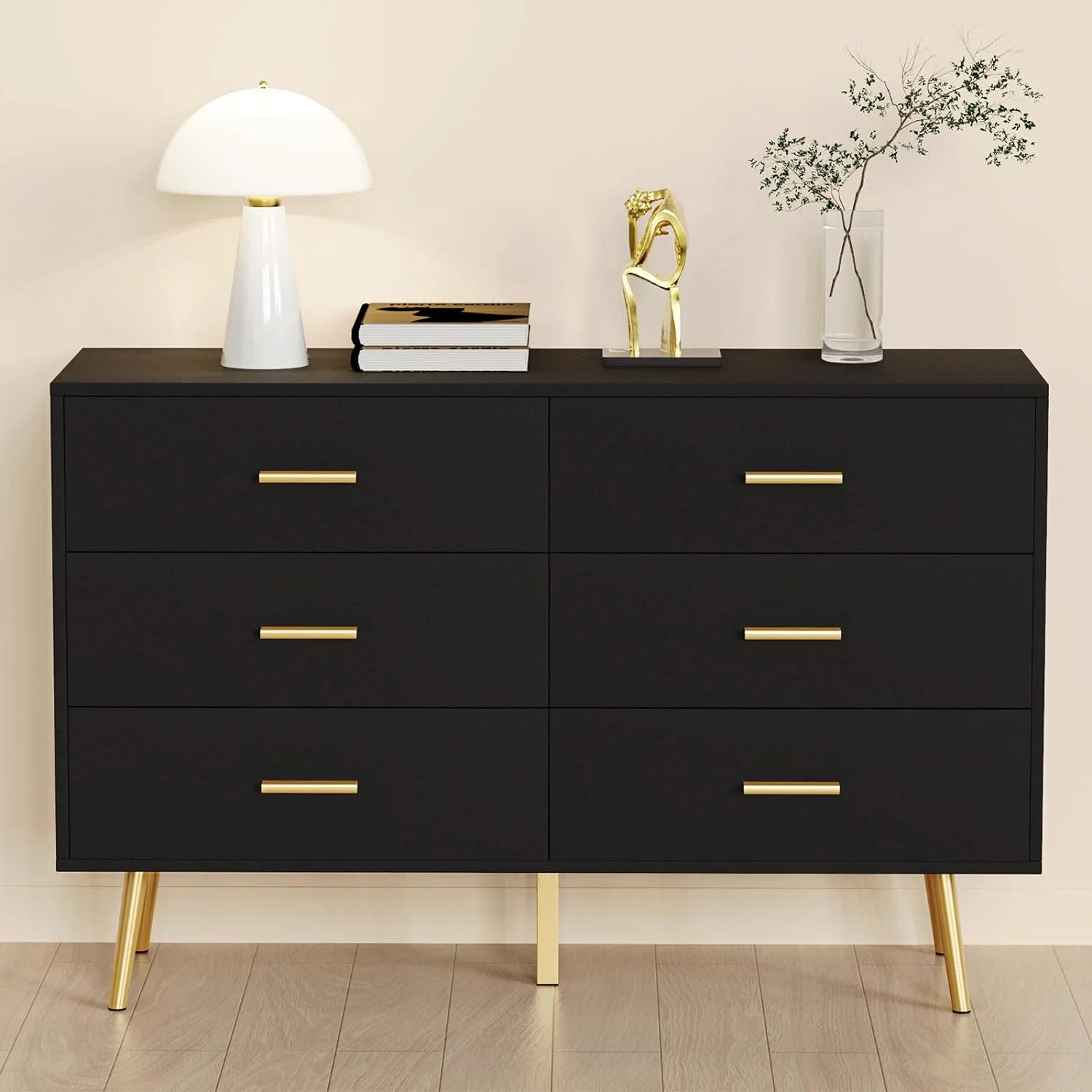 Dresser for Bedroom with 6 Drawers, Modern Wood 6 Drawer Dresser with Black Knobs, Chest of Drawers for Nursery, Living Room, Closet, Entryway, Hallway (Black)