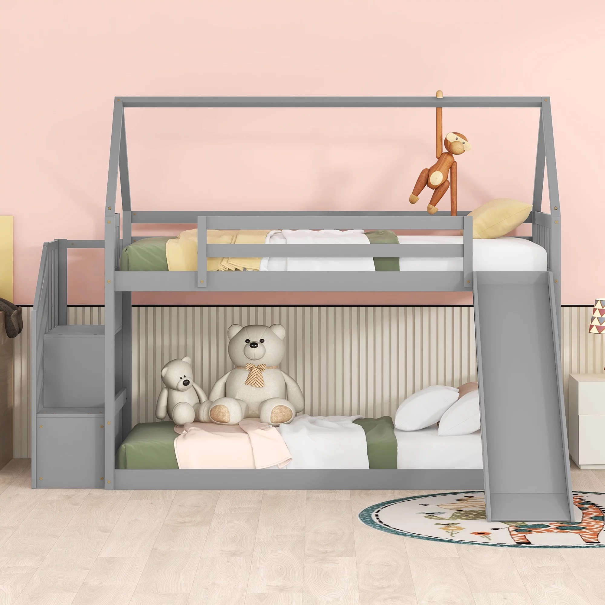 House Bunk Bed Twin Over Twin, Low Kids Floor Bunk Bed with Stairs and Slide, Wooden Twin Loft Bed for Kids Girls Boys,Grey