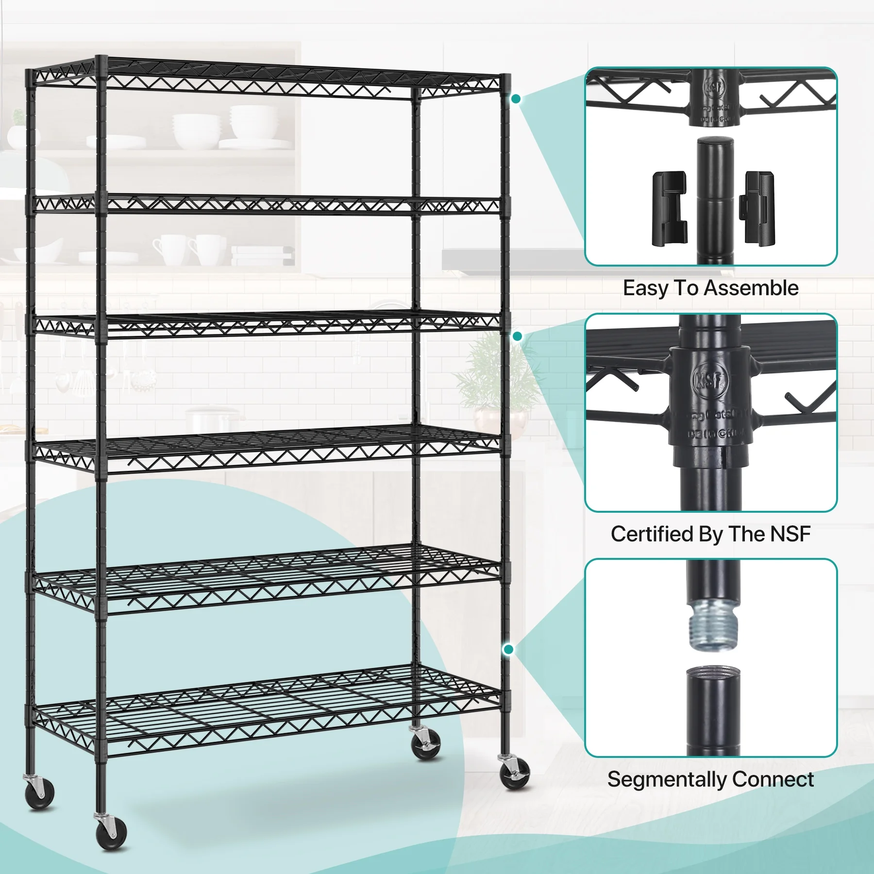 6 Tier Storage Shelves Heavy Duty Storage Racks and Shelving Adjustable Metal Shelves Steel Standing Shelf Units, Each Unit Loads 350 Pounds Wire Shelf for Warehouse, Garage, Black