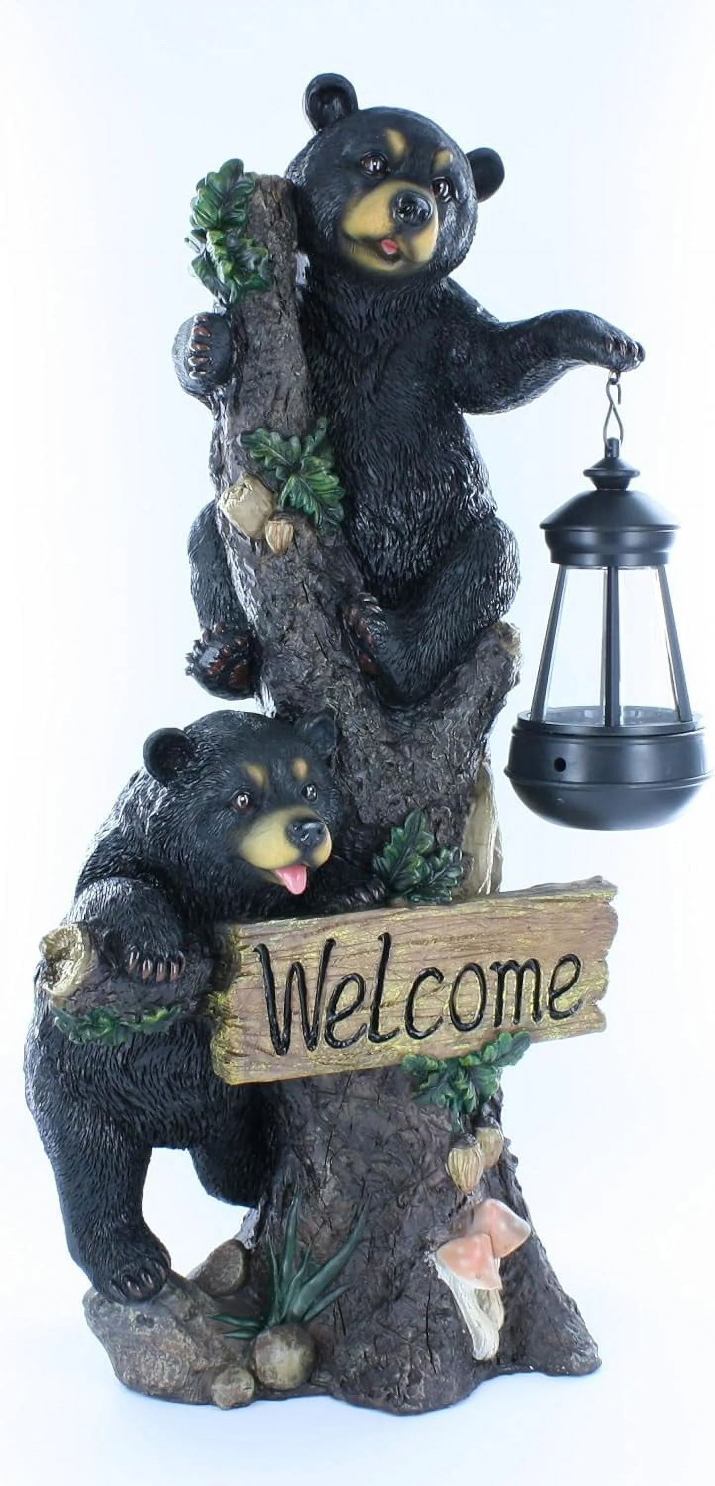 Large Black Bears Welcome Sign / Statue With Solar LED Lantern - Bear Cub Decor
