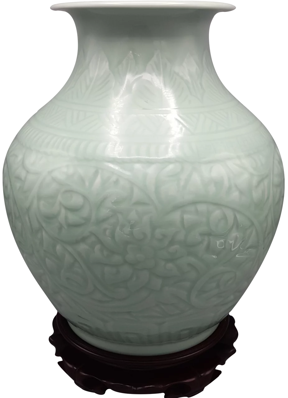 Celadon Vase Wide Mouth Carved Floral - Oriental Furniture Warehouse