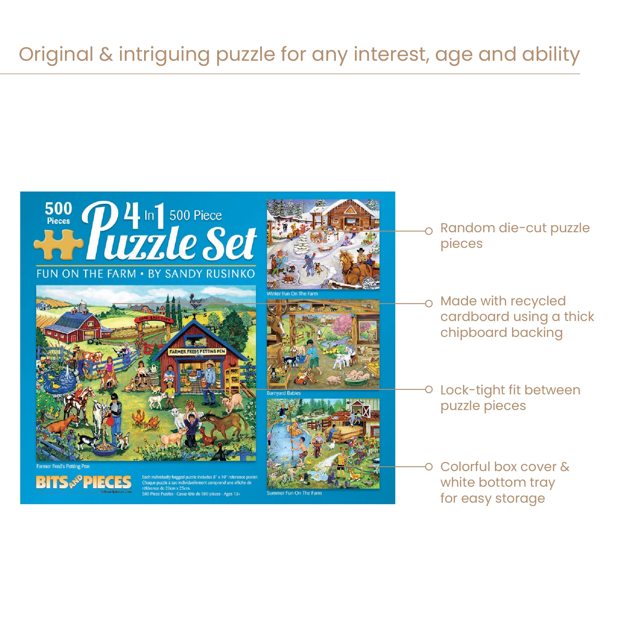 Bits and Pieces - 4-In-1 Multi-Pack On The Farm 500 Piece Jigsaw Puzzles for Adults - Each Puzzle Measures 16 