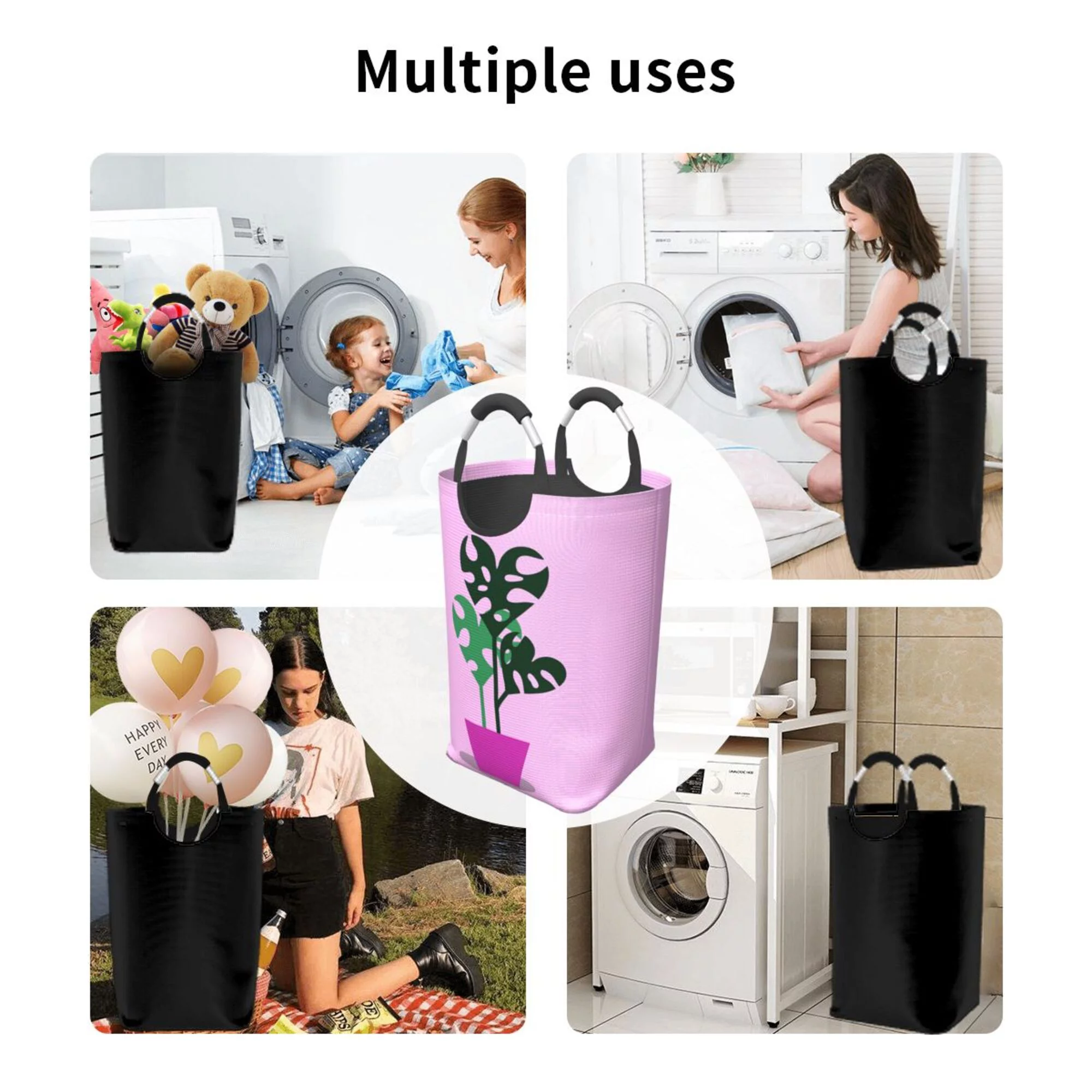 TEQUAN 50L Large Rectangular Laundry Hamper with Aluminum Handles, Boho Love Heart Leaves Prints Waterproof Foldable Dirty Clothes Basket