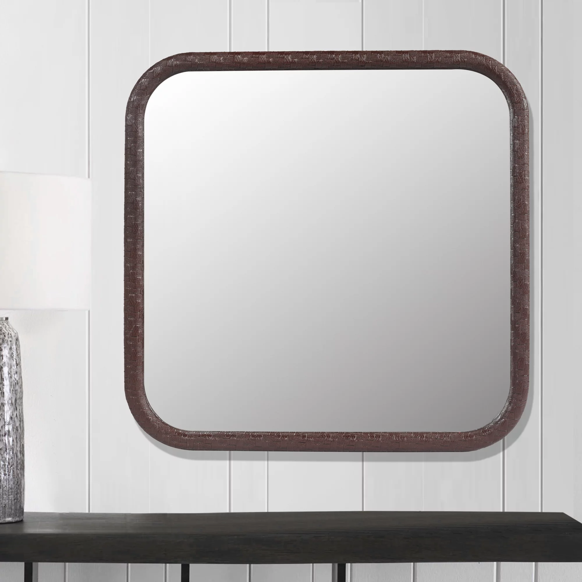 Square Brown Woven Grain Decorative Wall Hanging Mirror,PU Covered MDF Framed Mirror for Bedroom Living Room Vanity Entryway Wall Decor,23.62x23.62inch