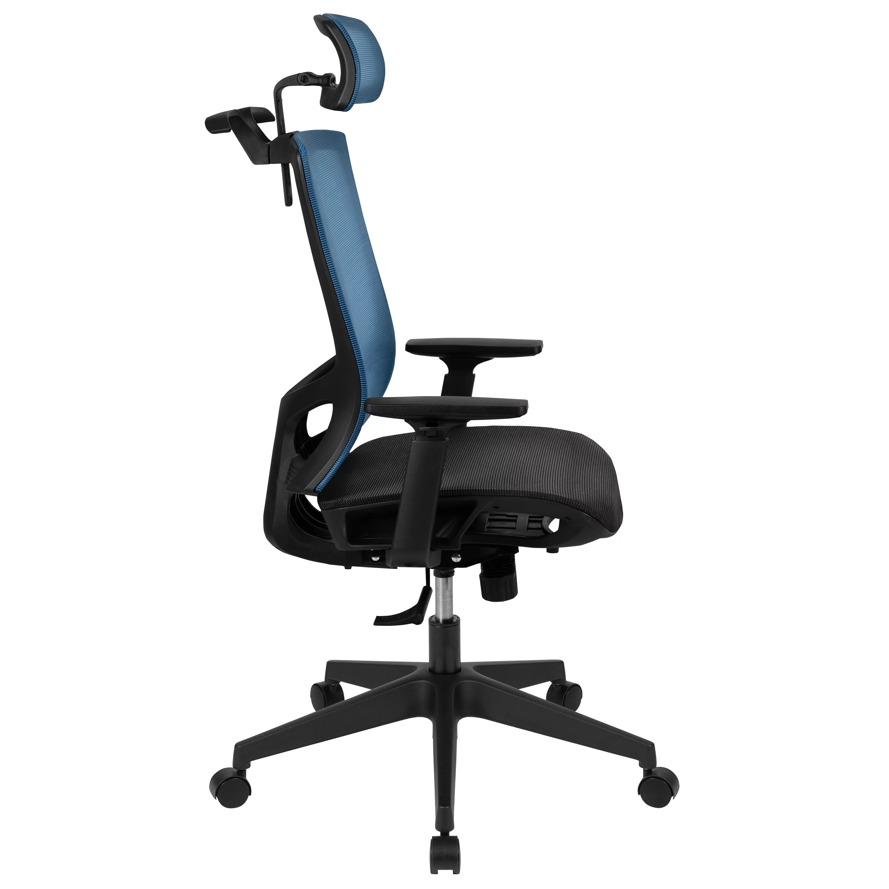 Emma + Oliver Ergonomic Blue/Black Mesh Office Chair-Synchro, Pivot Headrest, Adjustable Arms