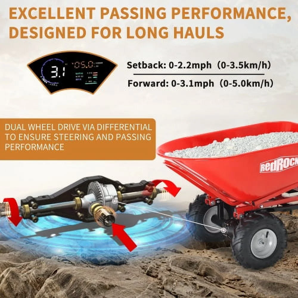 RedRock Wheelbarrow Utility Cart Electric Powered Cart 48V28Ah 500W Capacity 500lbs (230kg) Material Debris Hauler 1000lbs Towing