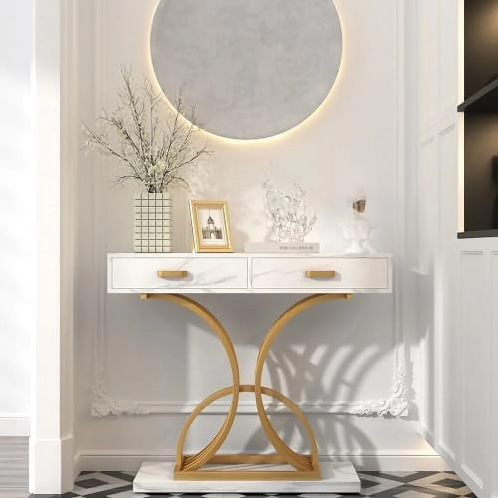 MQLIFEBOOM White Gold Console Table with Two Drawers  39 Inches Modern Entryway Table with   Faux Marble Tabletop Hallway Table with Geometric Gold Legs