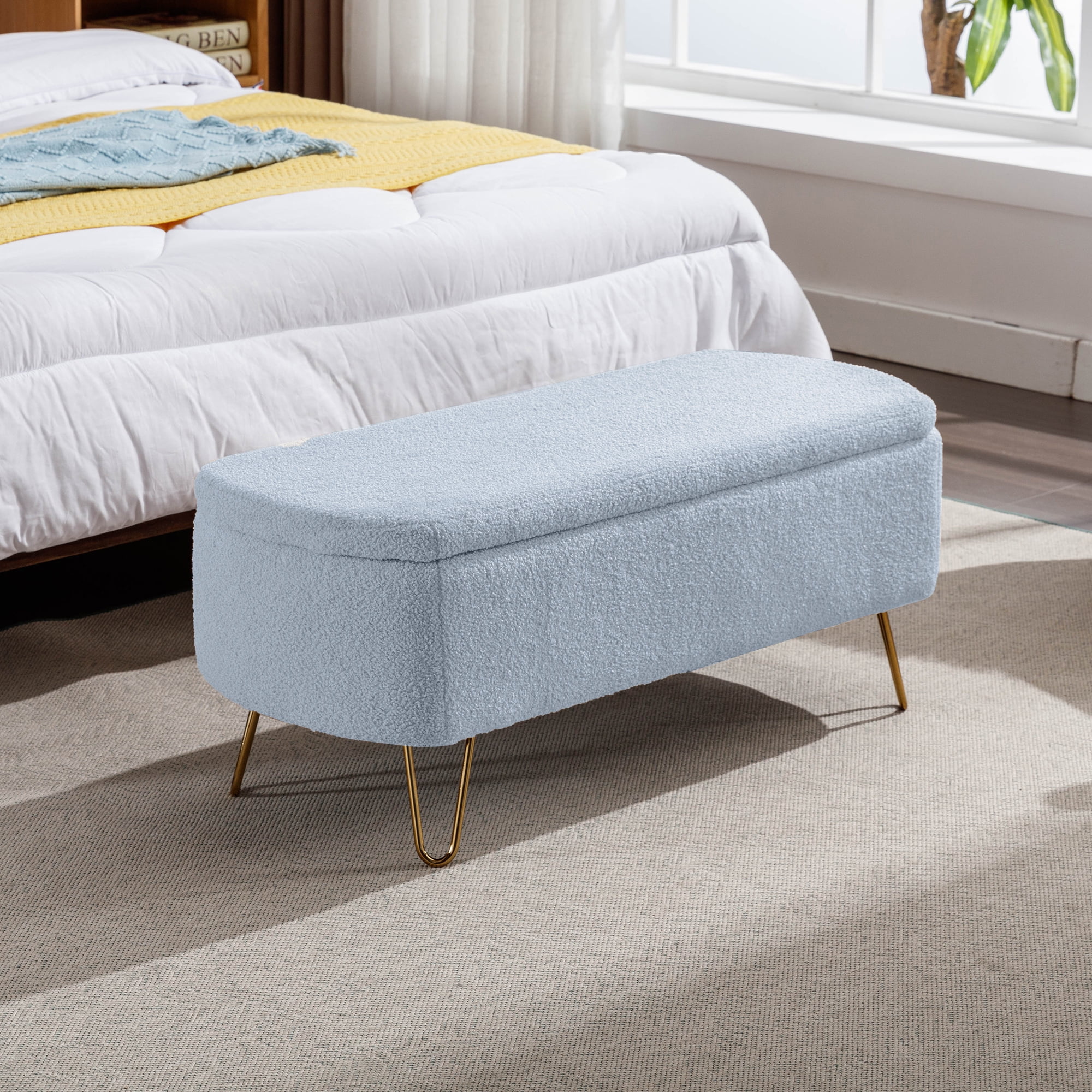 Homiyad Blue Storage Ottoman Bench for End of Bed Gold Legs, Modern Grey Faux Fur Entryway Bench Upholstered Padded with Storage for Living Room Bedroom