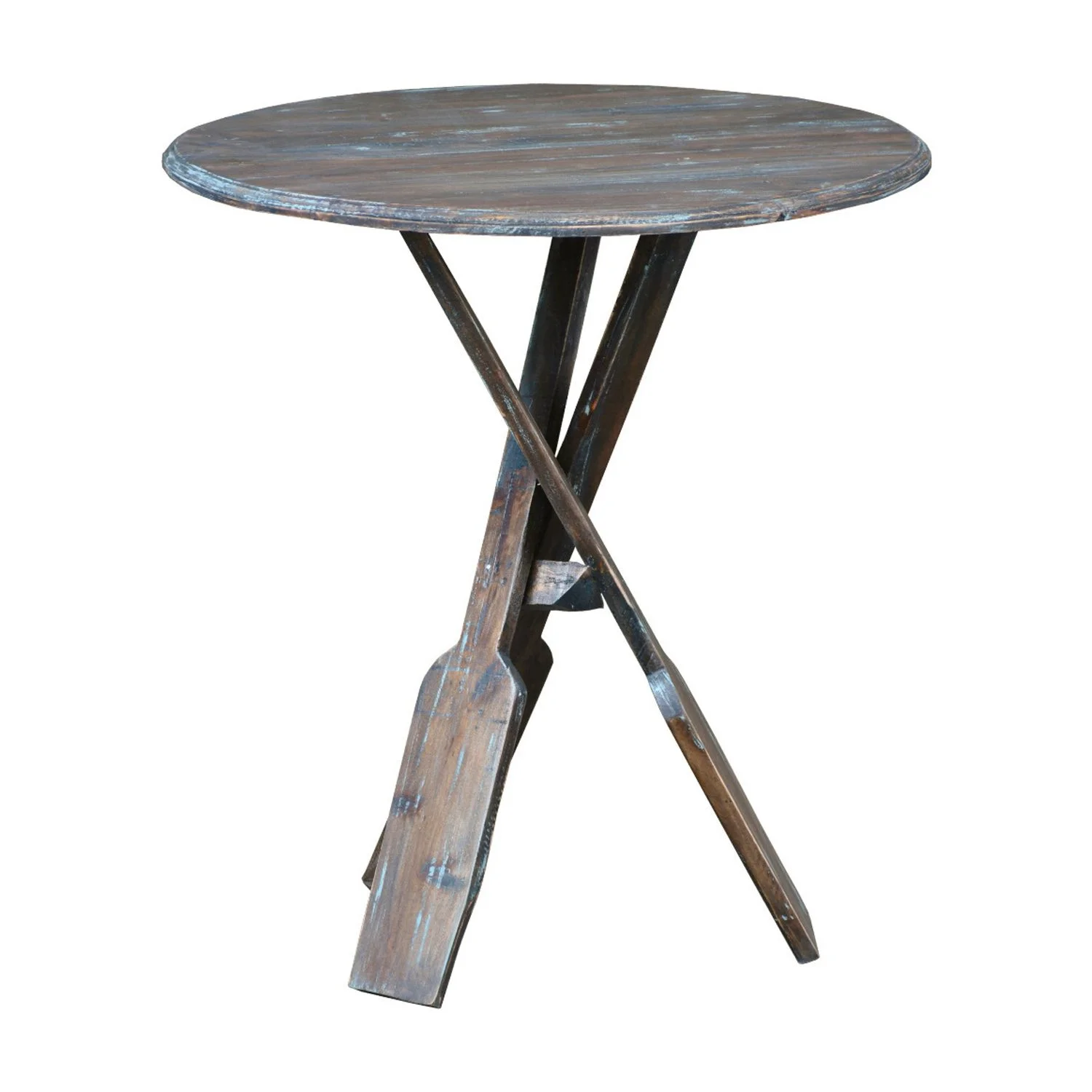 HomeStock Round Boat Oar Accent Table , Distressed Brown/Blue Solid Wood , Fully Assembled Retro Relaxation Stand