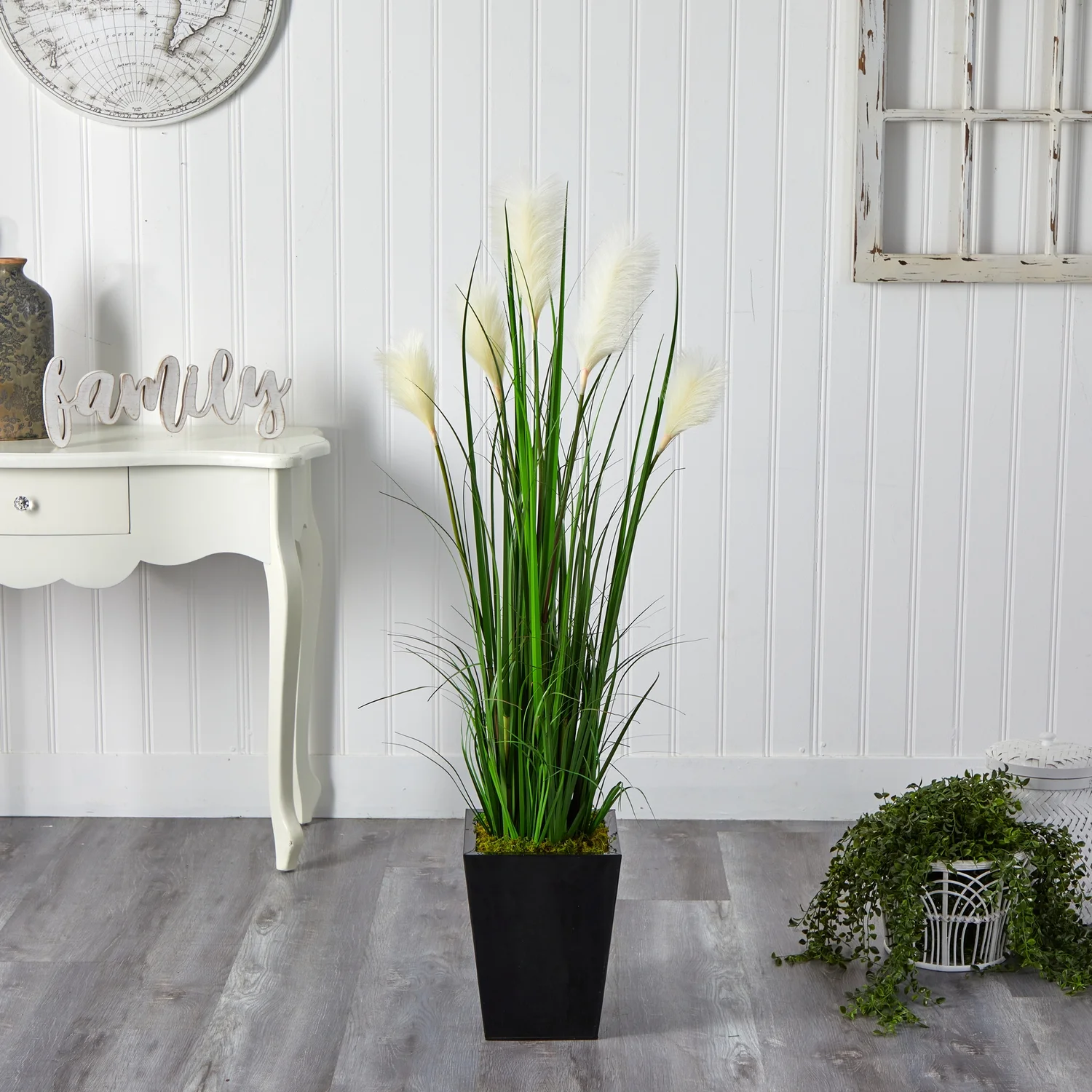 HomeStock Modern Minimalism 4.5Ft. Wheat Plume Grass Artificial Plant In Black Metal Planter