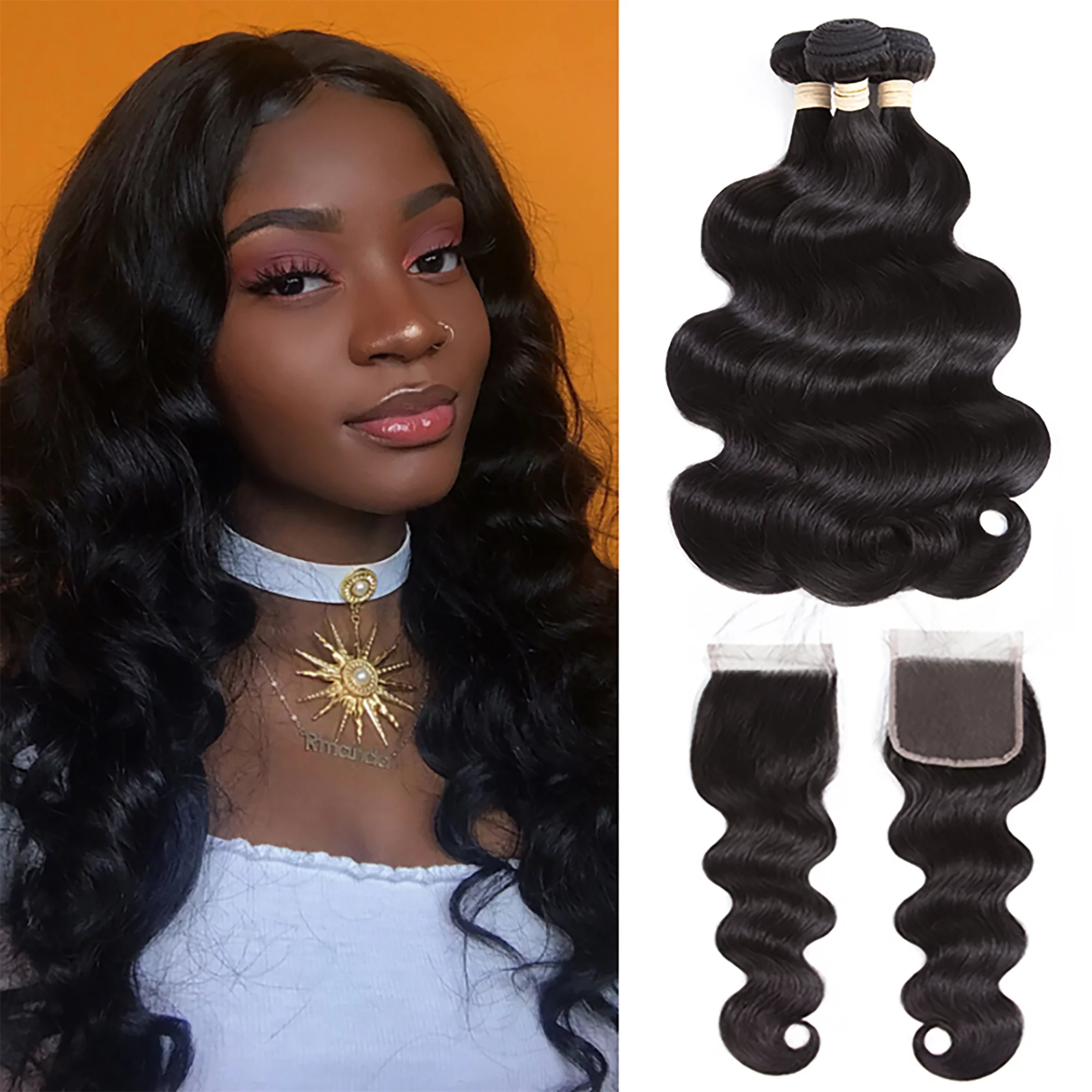 Human Hair Bundles (20 22 24+20) Body Wave Bundles with Closure Human Hair 3 Bundles with 4x1 T Part Brazilian Virgin Lace Closure Black Weave Hair Bundles 100% Unprocessed Natural Color