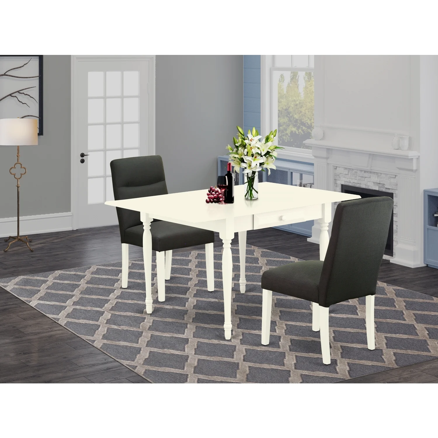 HomeStock Country Cottage 3Pc Dining Table Set Contains A Modern Dining Table And 2- Dining Chairs With Dark Gotham Grey Color Fabric, Drop Leaf Table With Full Back Chairs, White Finish
