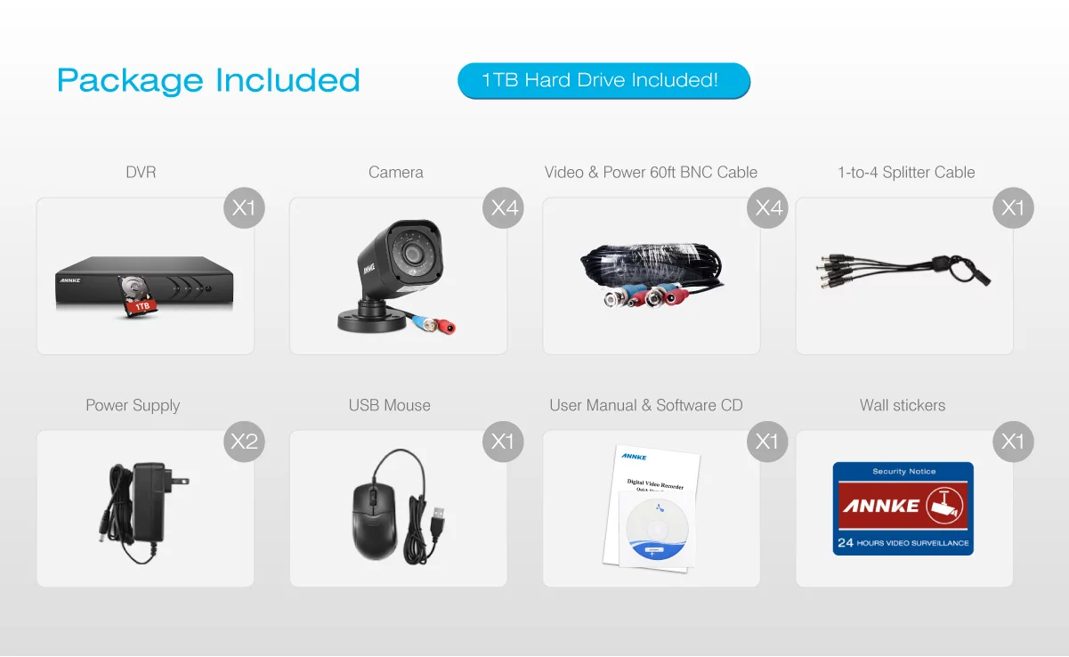 ANNKE 8CH 1080N  Security System Video DVR 4Pcs Night Vision Weatherproof 2MP Bullet Cameras(Hard Drive Capacity is optional:0-NO HDD,1-1TB HDD)