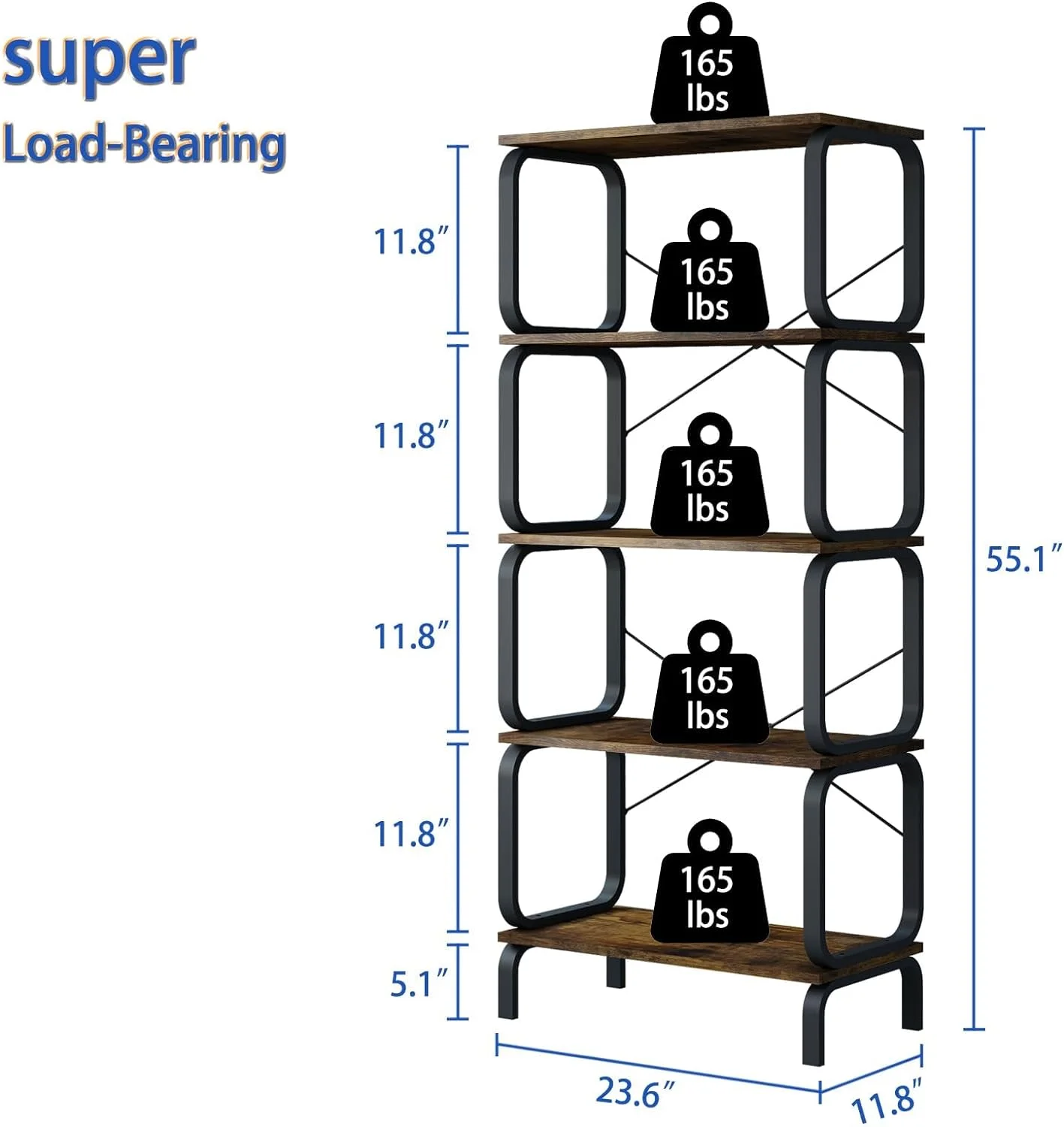 YILAN 5 Tier Bookshelf, Modern Sturdy Bookcase,Industrial Metal and Wood Shelf, Tall Free Standing Book Shelf for Living Room, Bedroom, Kitchen and Home Office(Rustic Brown)