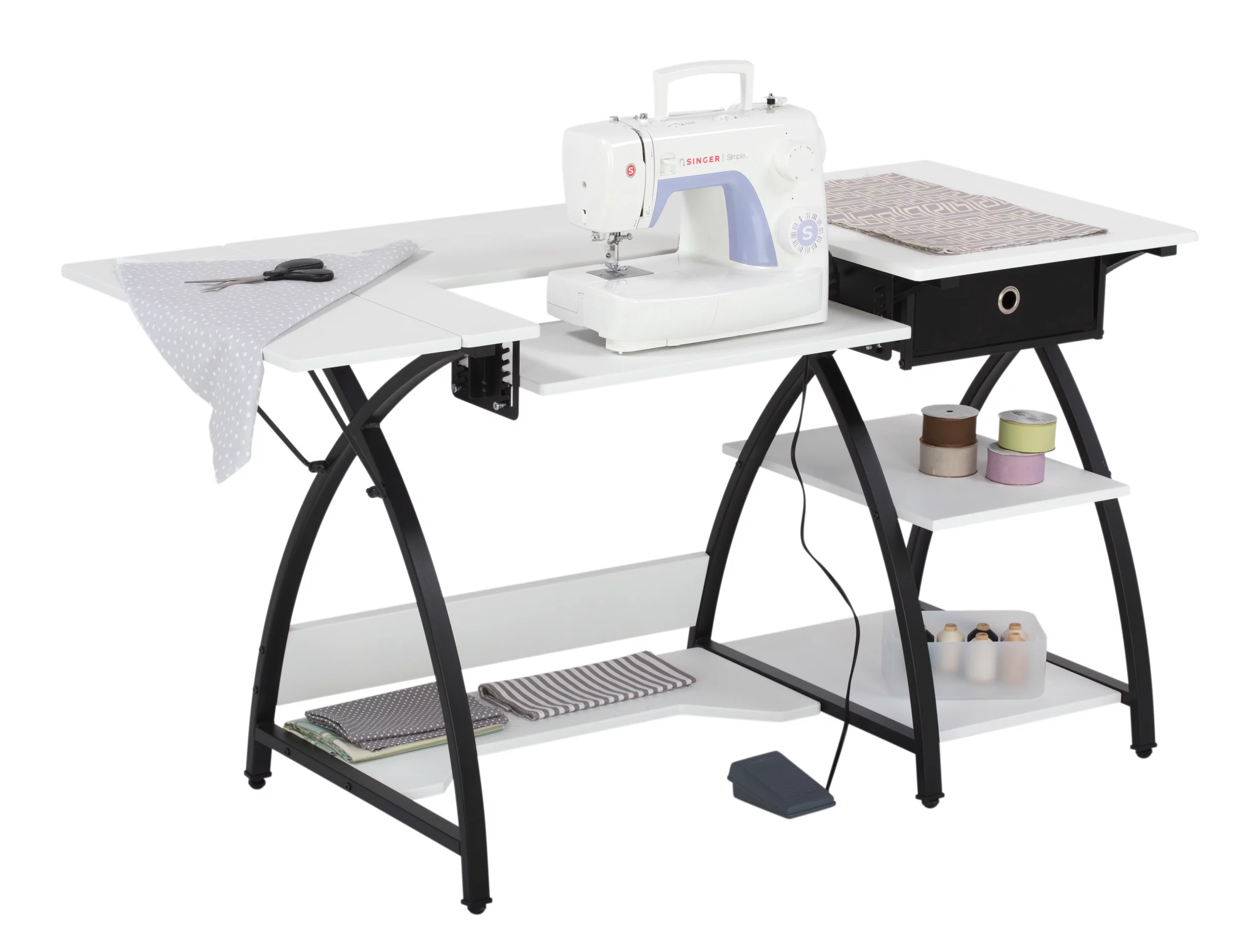 Sew Ready Comet Hobby Sewing Machine Table Desk with Storage, Black & White