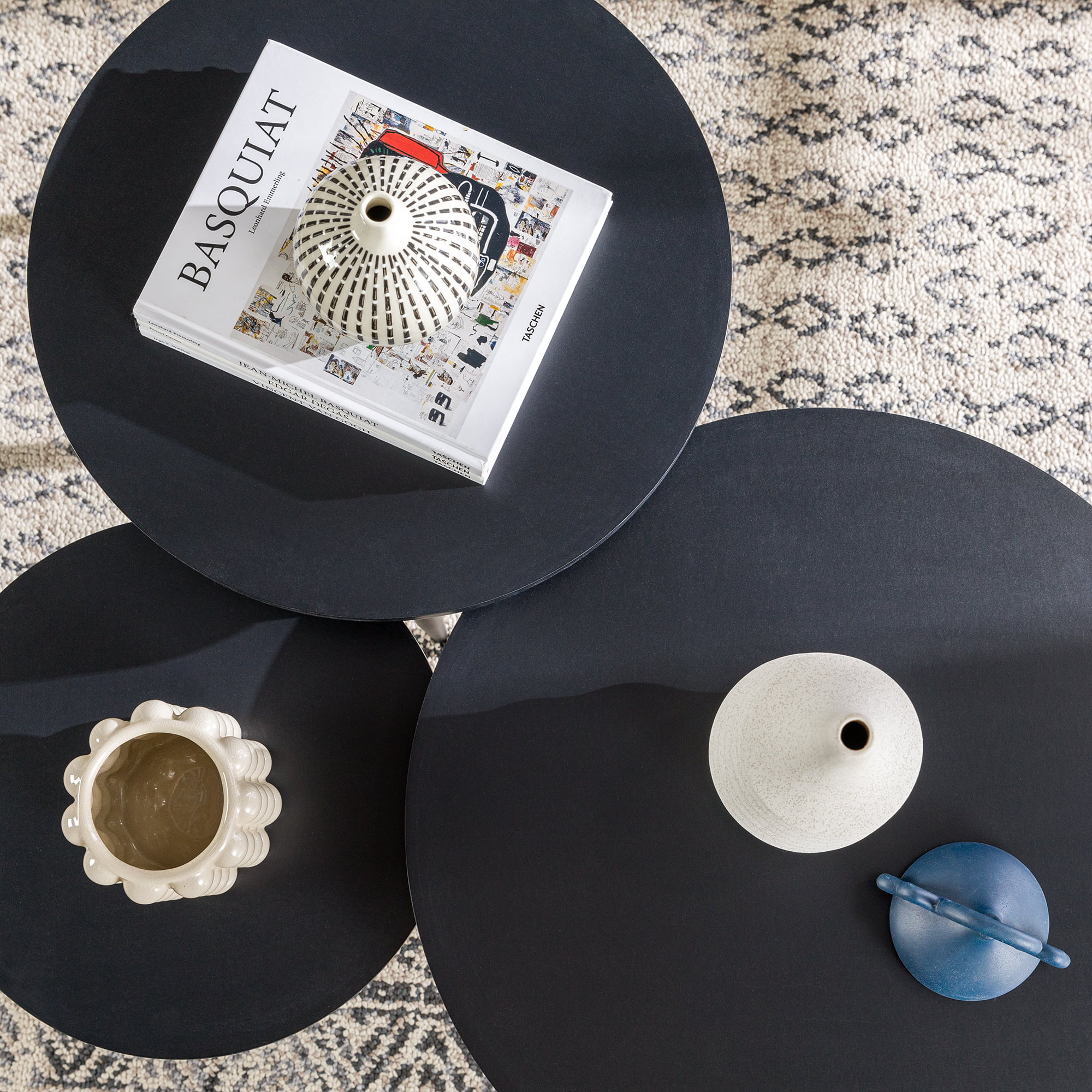 Walker Edison Modern Round Nesting Coffee Tables, Set of 3, Solid Black