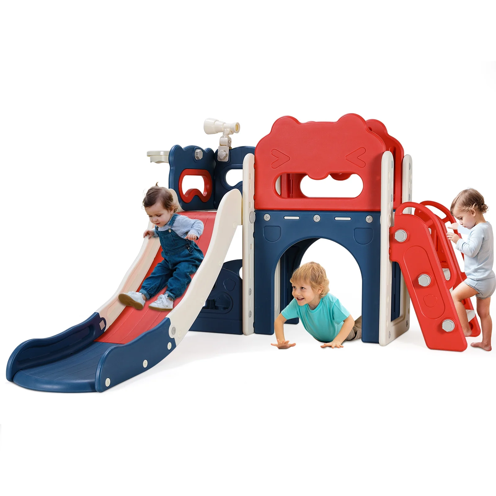 Pirecart 8 in 1 Kids Slide Set, Toddler Climber Slide Play Set With Basketabll Hoop, Tunnel, Telescope and Ball