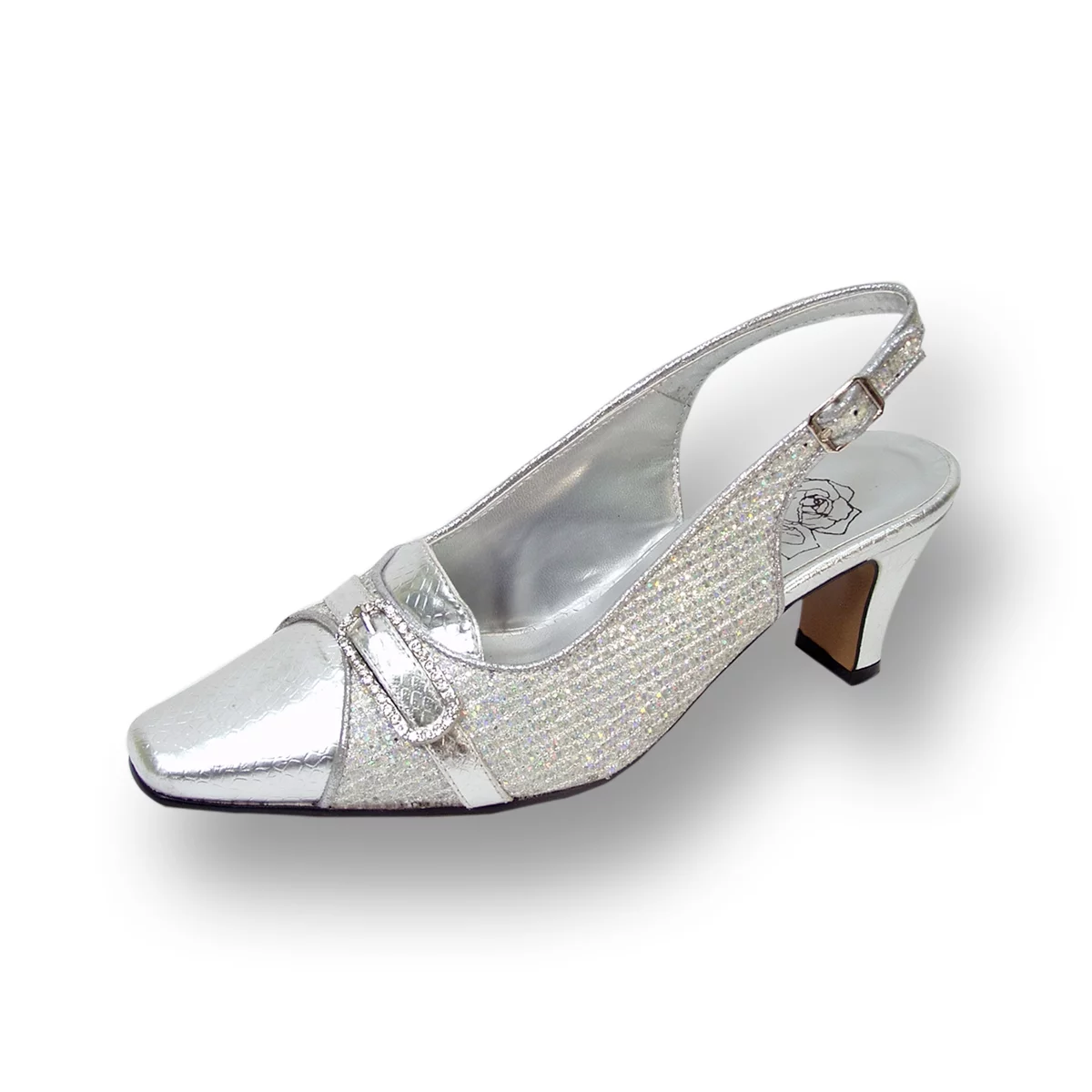 FLORAL Elena Women's Wide Width Rhinestone Jewel Buckle Closed Toe Slingback SILVER 8