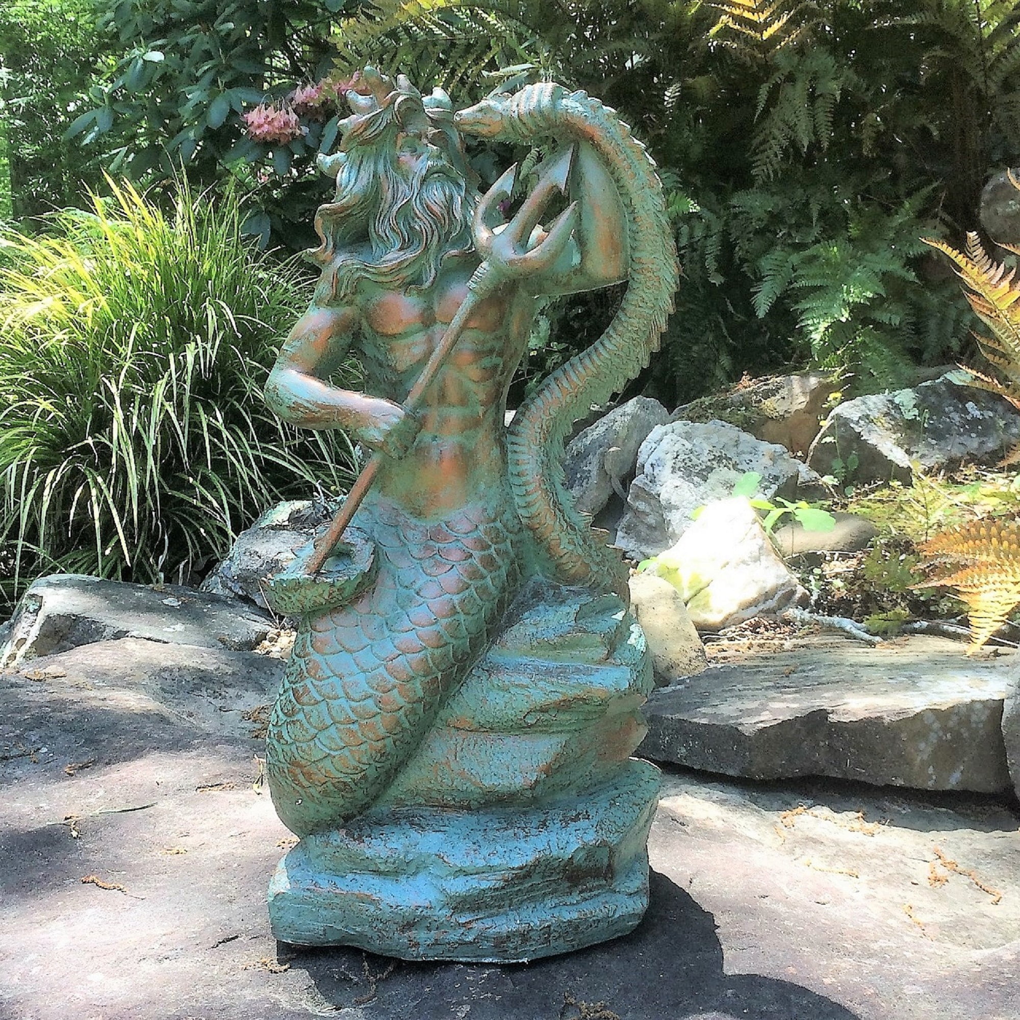 Homestyles 22 in. Bronze Patina Poseidon Ruler of Sea Sitting on Rock Nautical Beach Extra Large Mermaid Statue