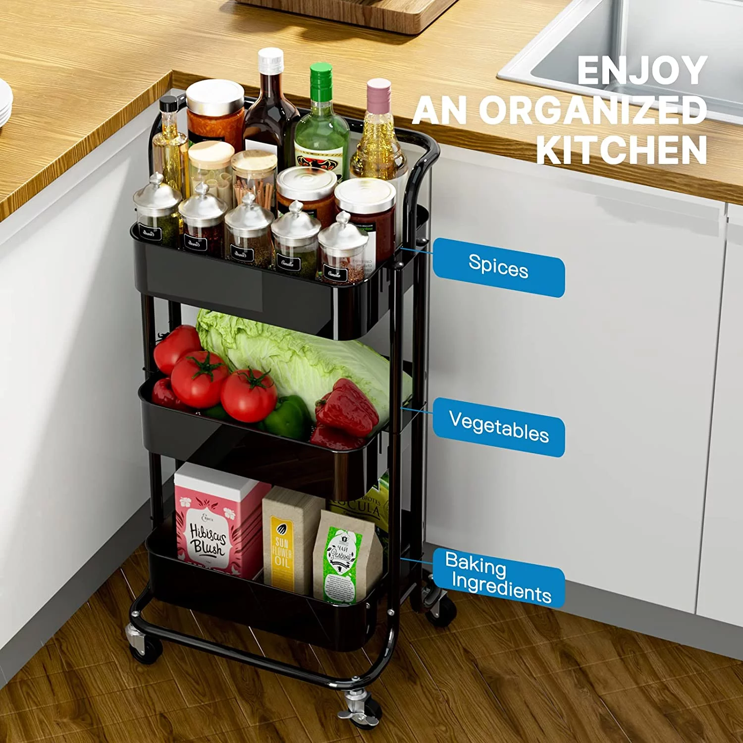 3-Tier Metal Mesh Rolling Utility Cart Heavy Duty Storage Organizer with Handles