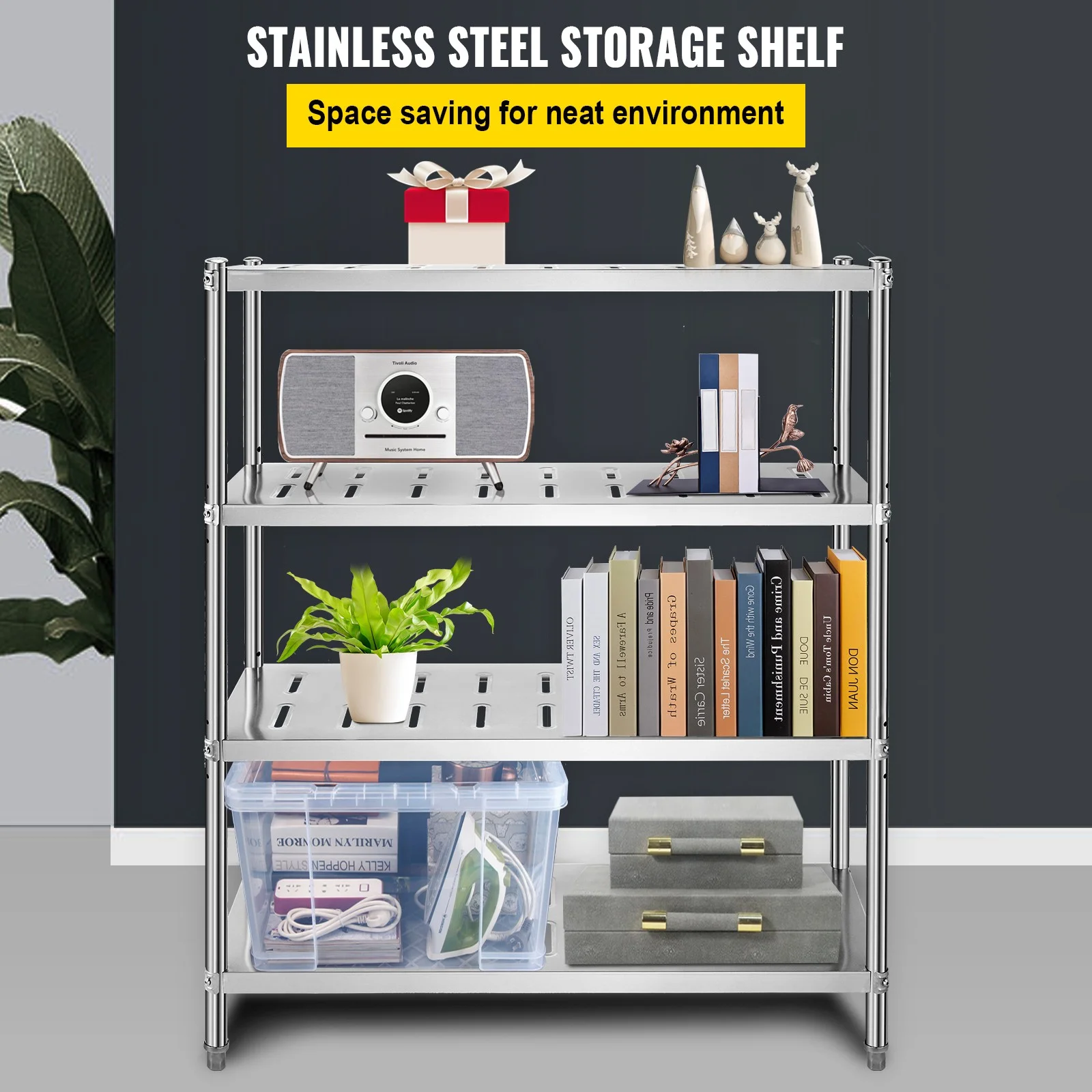 BENTISM Garage Shelf Heavy Duty Shelving 4-Tier 47.2x17.7x61in Stainless Steel