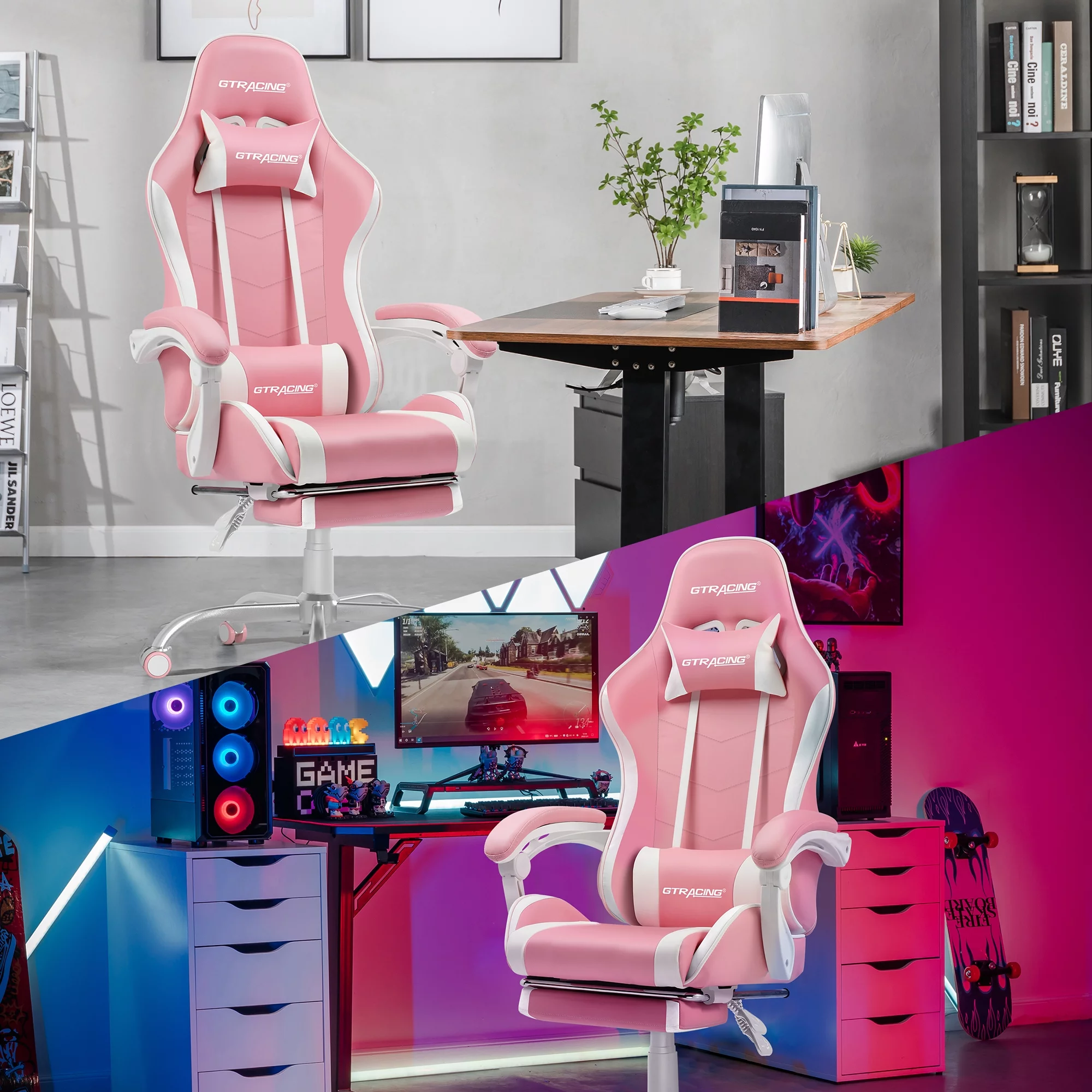 GTRACING Adjustable Height Reclining Office Gaming Chair with Footrest, Pink