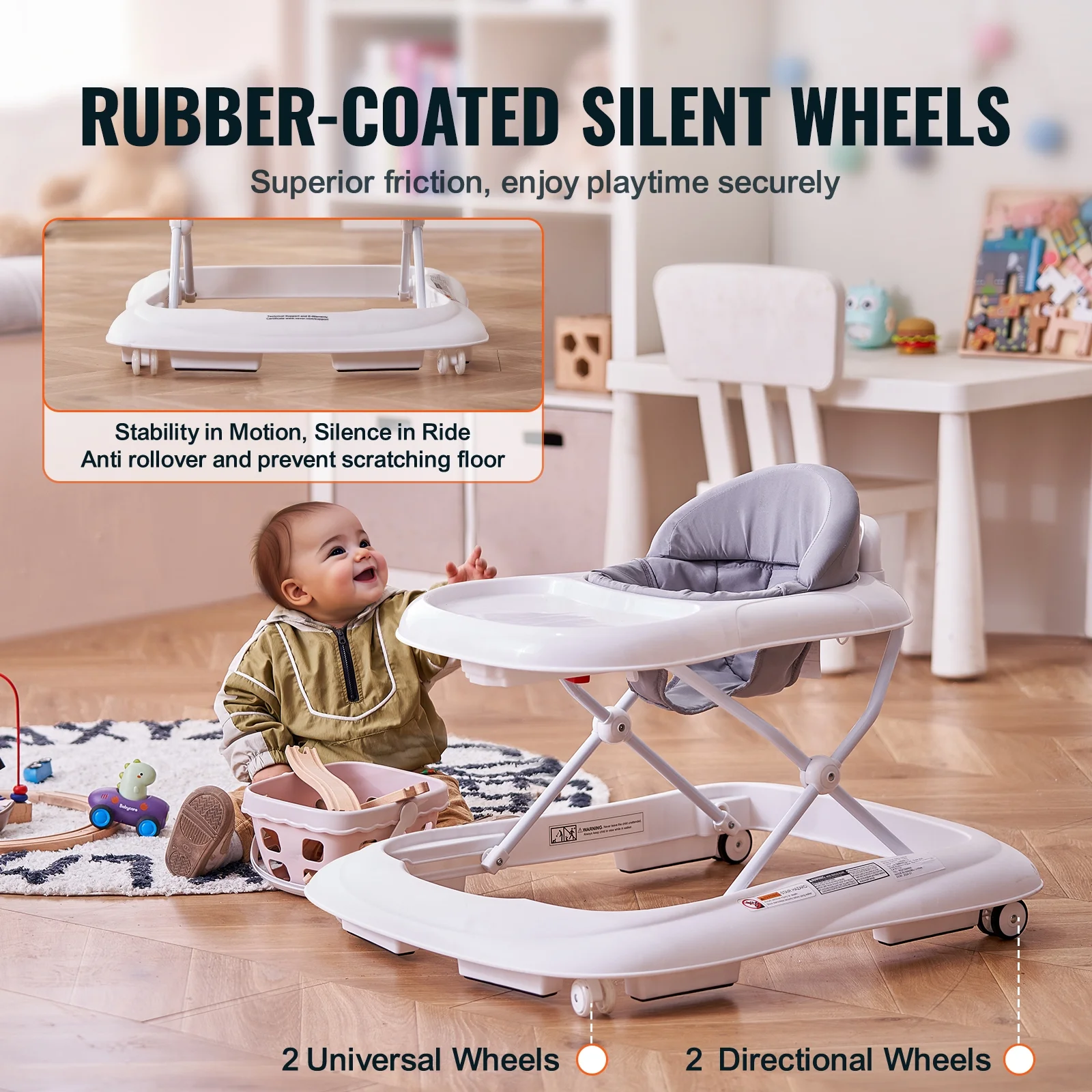 SKYSHALO Baby Walker, Foldable Height Adjustable Baby Walker with Wheels, Infant Toddler Walker with Feeding Tray, Anti-Rollover Activity Walker Helper for Boy Girl 6-12 Months