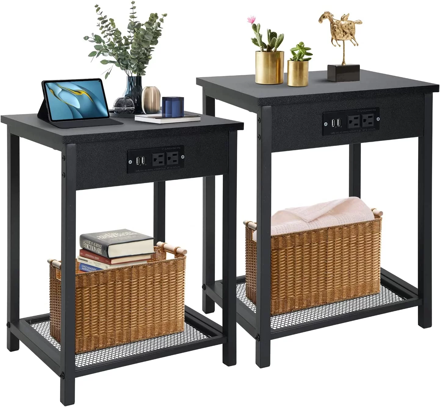 PayLessHere Nightstand, Bedside Furniture, Night Stand, End Table with Charging Station Set of 2 Side End Table with 2 USB Ports and Power Outlets, Living Room, College Dorm (Black)