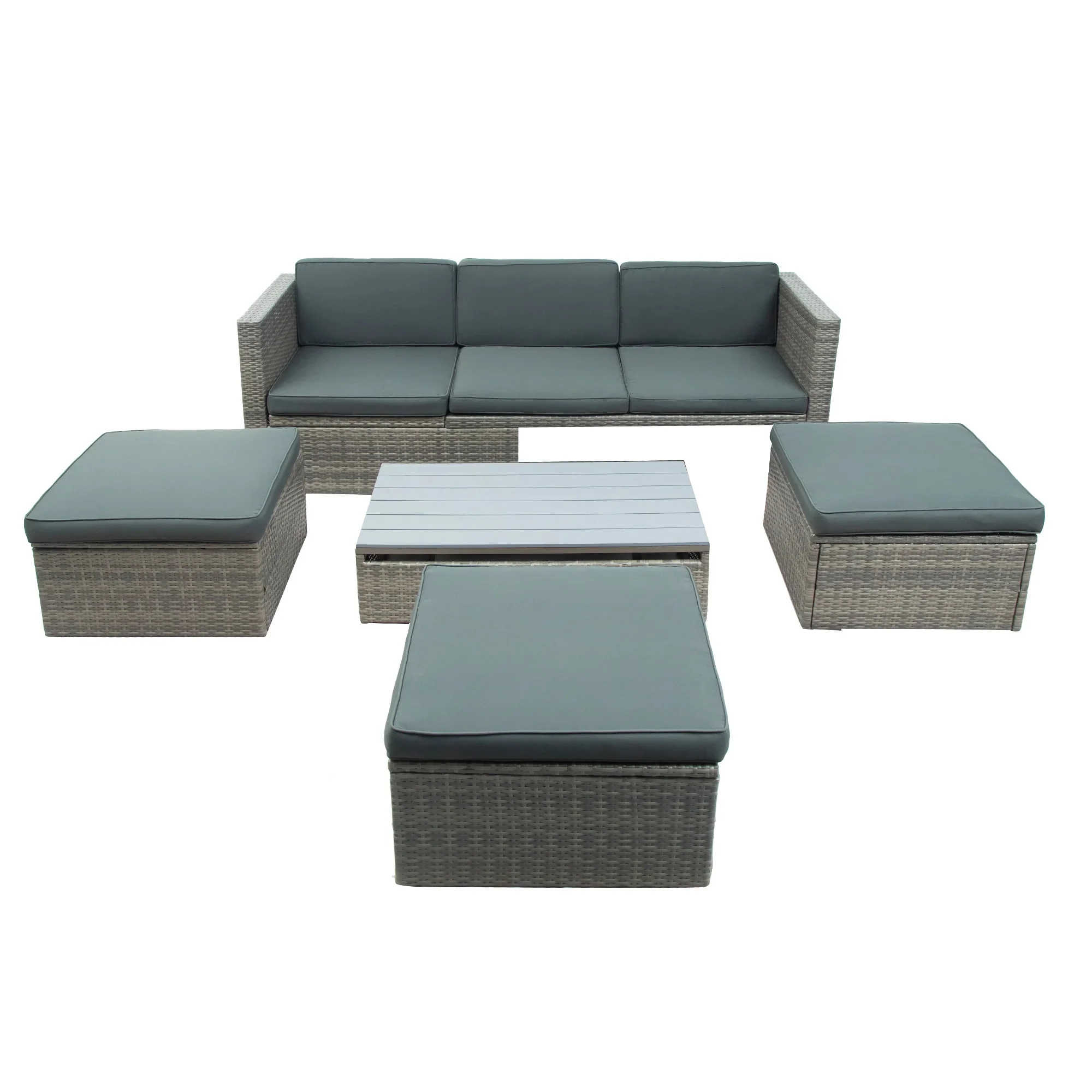Patio Furniture Sets, 5-Piece Patio Wicker Sofa with Adustable Backrest, Cushions, Ottomans and Lift Top Coffee Table, Gray