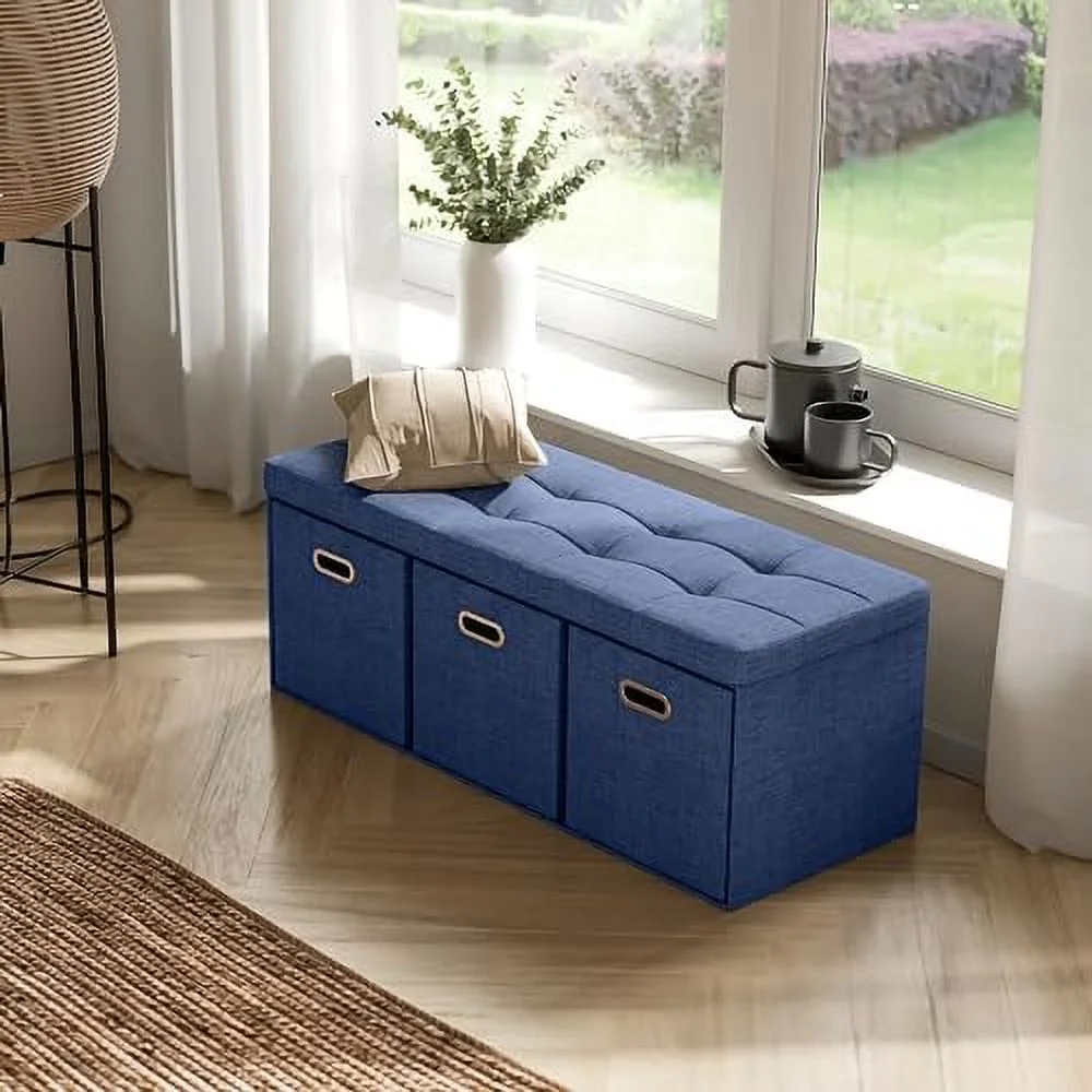 ZFGSUIJN Foldable Tufted Linen Large Long Bench  Ottoman Foot  Stool Seat with 3 Drawer Cubes - 15" x 40" x 15"  Navy Blue