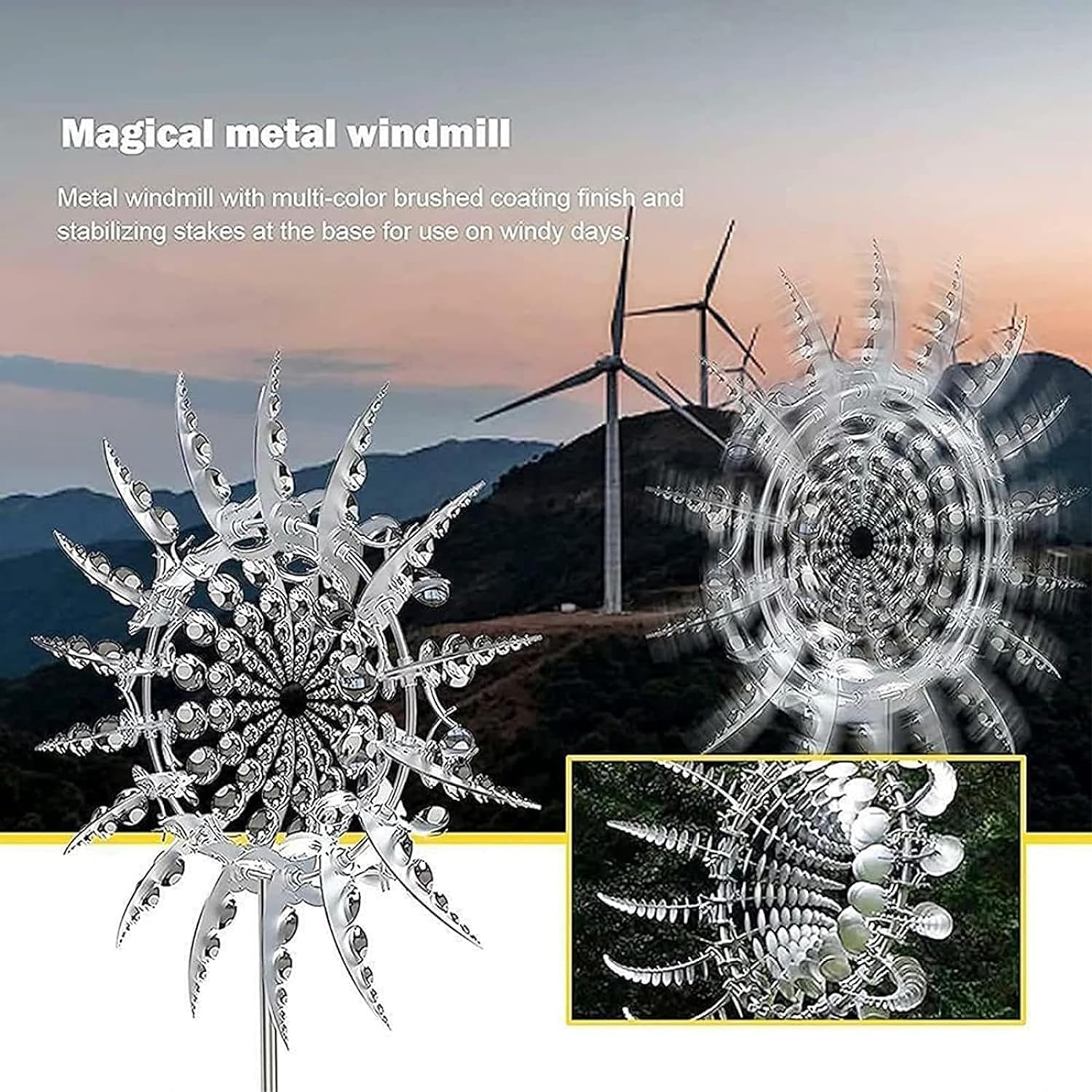 Shirem Magical Metal Windmill, Sherem Magical Metal Windmill, New Kinetic Metal Wind Spinners for Yard and Garden, Colorful, 3D Kinetic Wind Spinner Wind Catchers Sculpture (Bsilver)